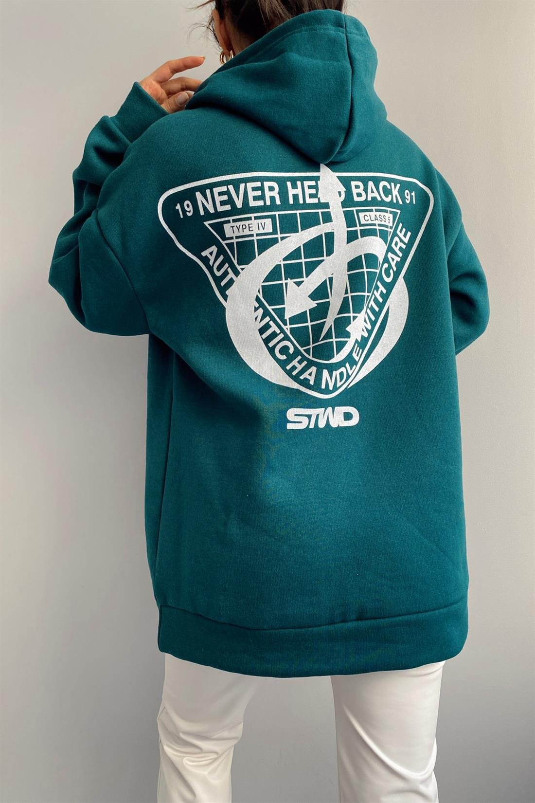 Never Ön Arka Baskı Kapşonlu Sweatshırt YEŞİL