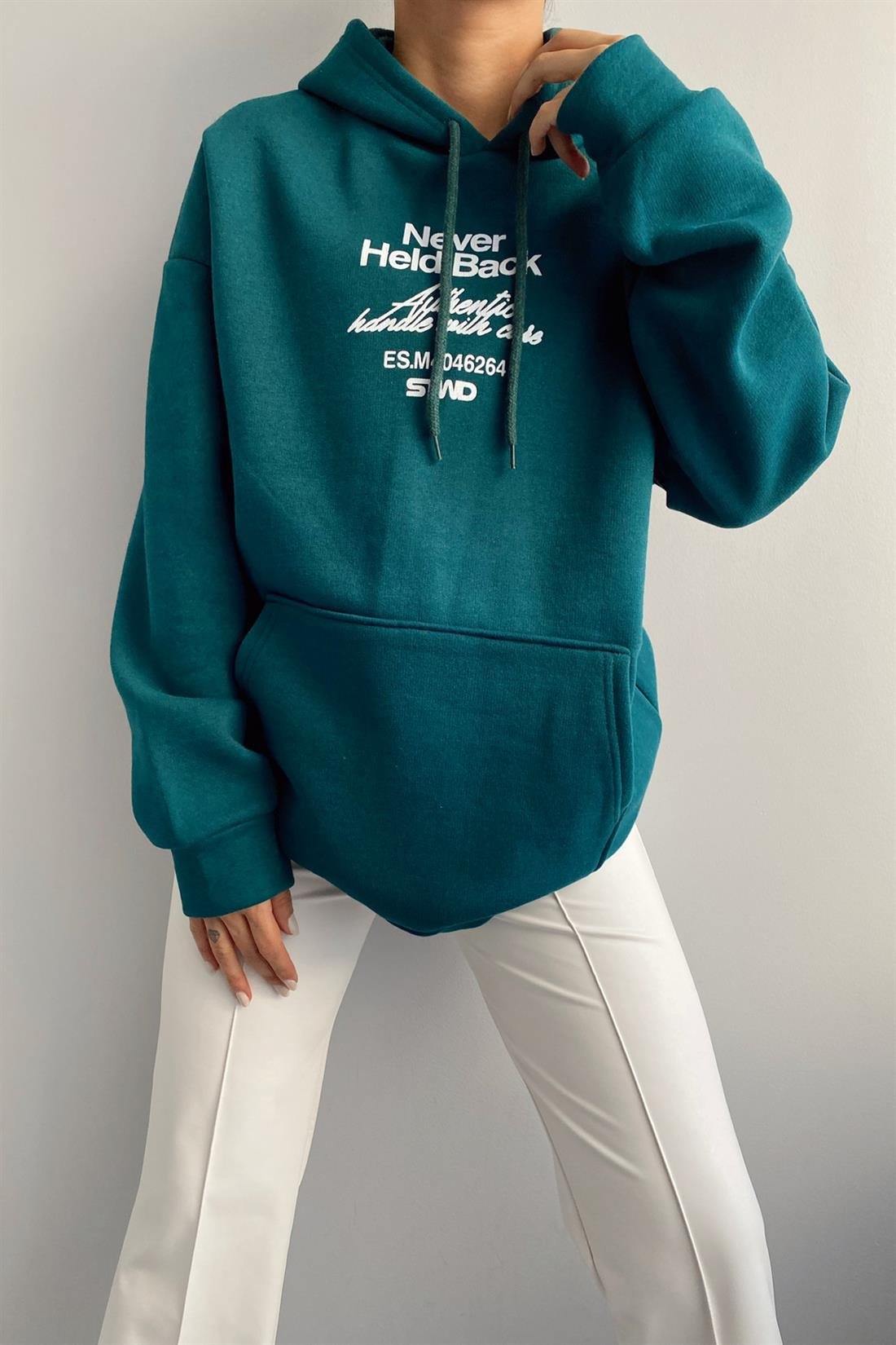 Never Ön Arka Baskı Kapşonlu Sweatshırt YEŞİL