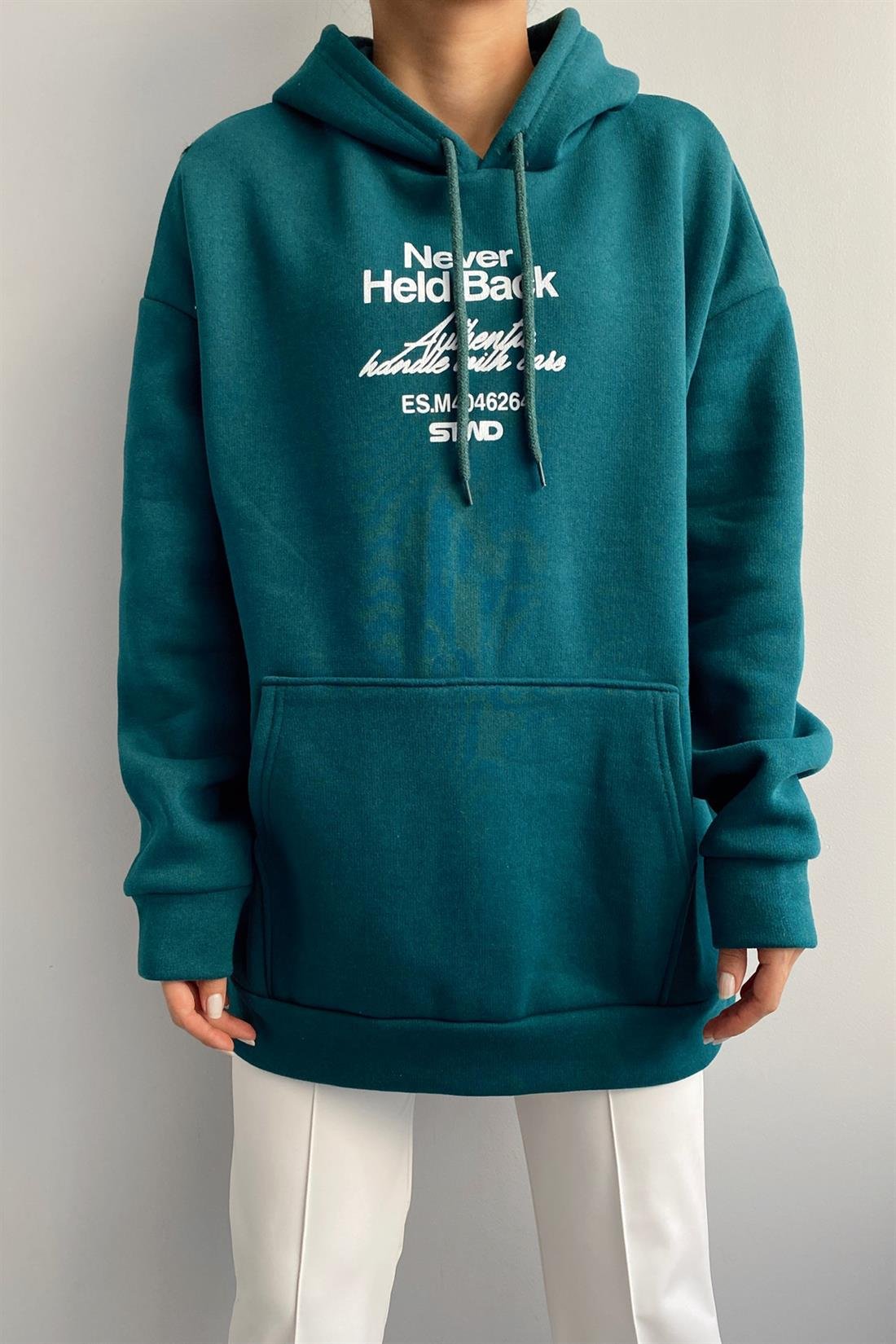 Never Ön Arka Baskı Kapşonlu Sweatshırt YEŞİL