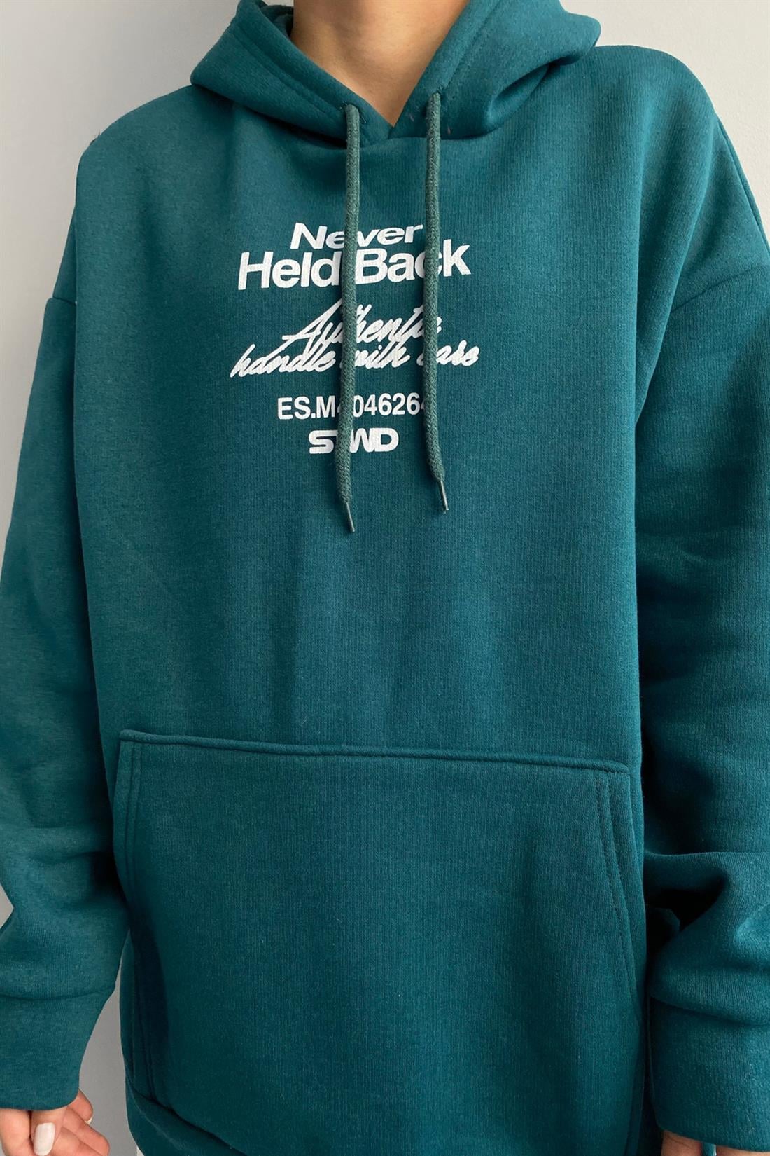 Never Ön Arka Baskı Kapşonlu Sweatshırt YEŞİL