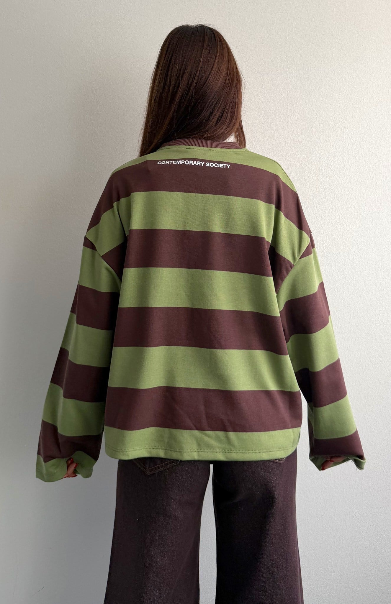 Newyork Baskılı Çizgili Sweatshırt HAKİ