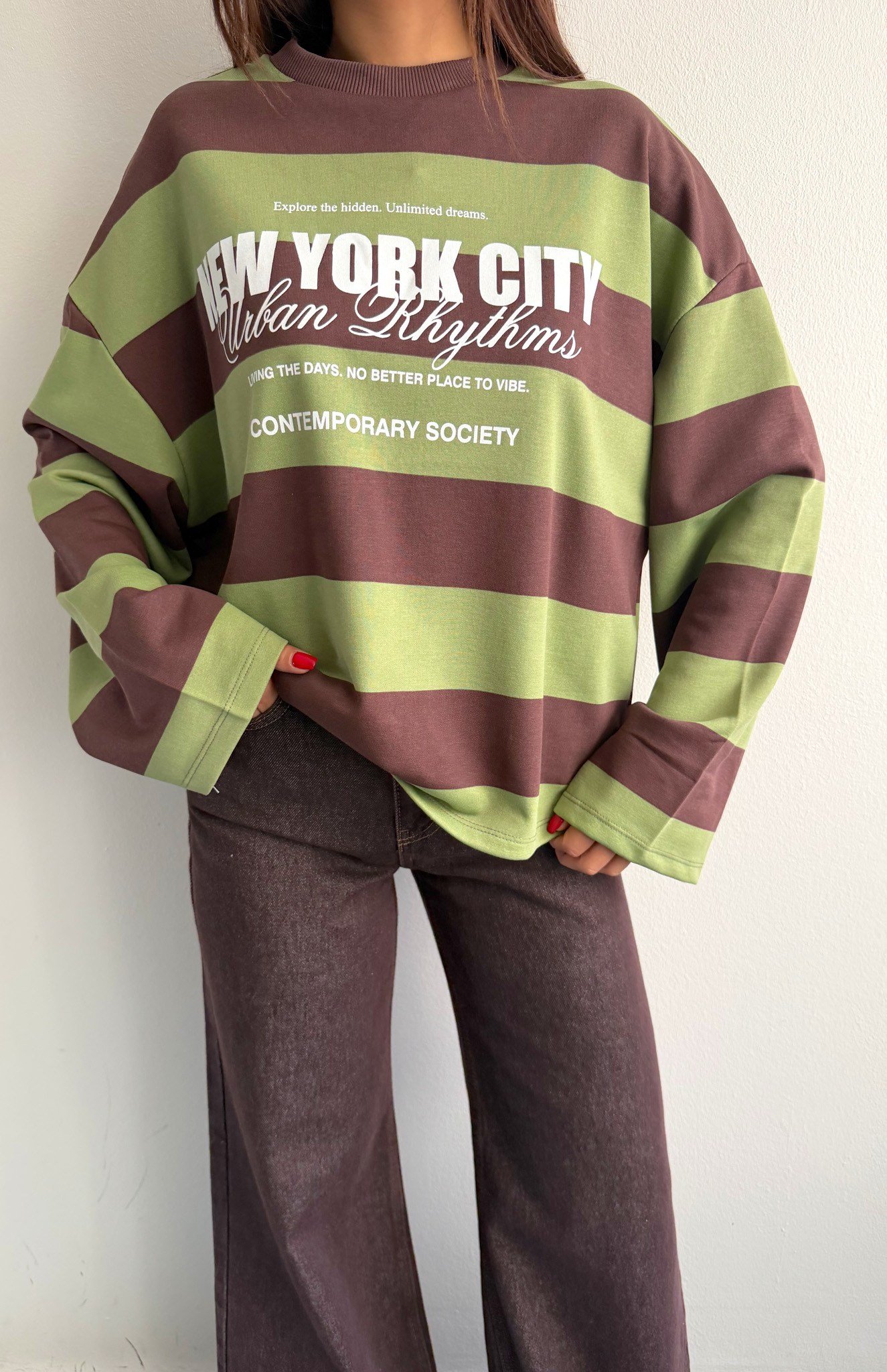 Newyork Baskılı Çizgili Sweatshırt HAKİ
