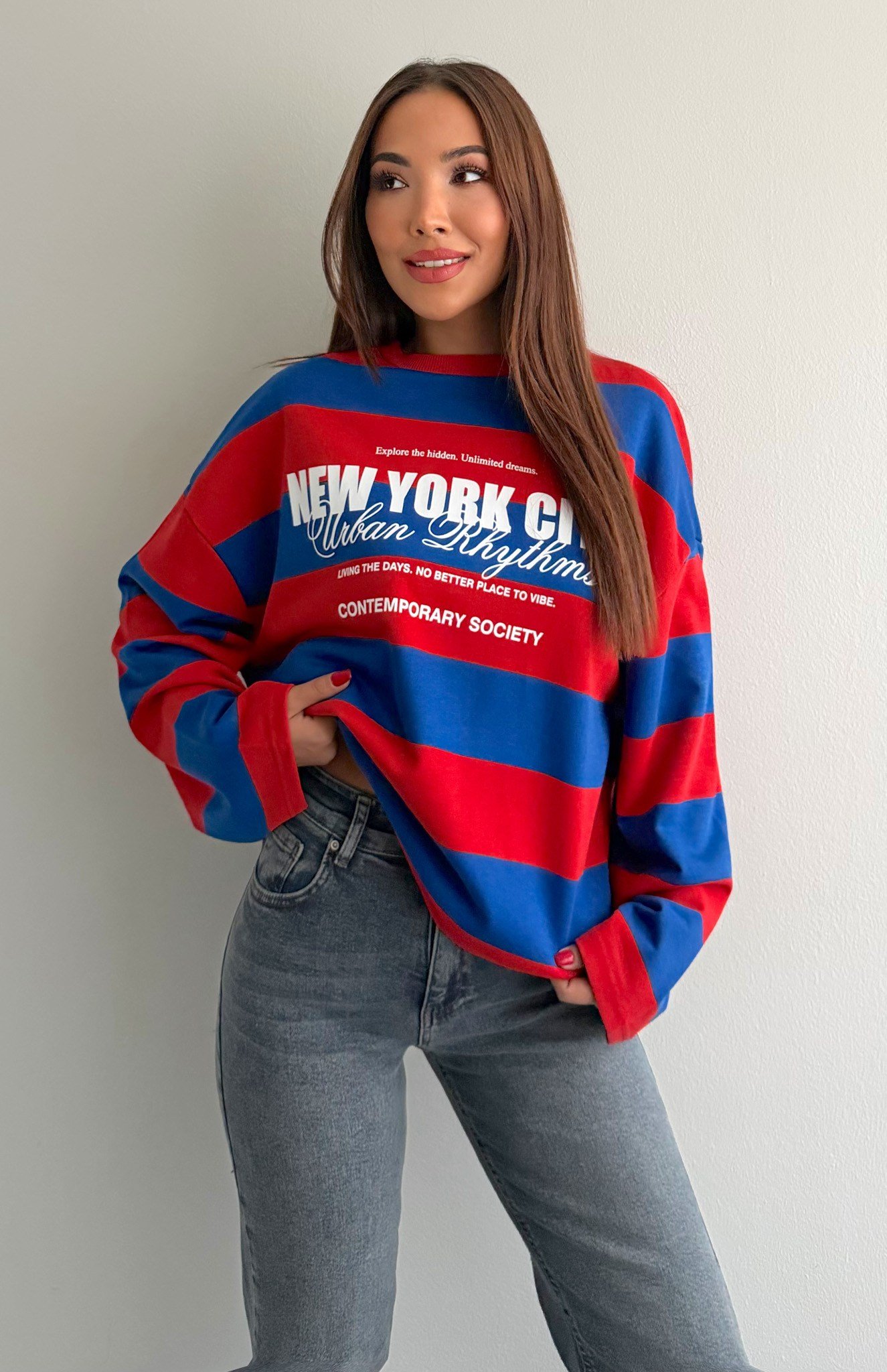 Newyork Baskılı Çizgili Sweatshırt KIRMIZI