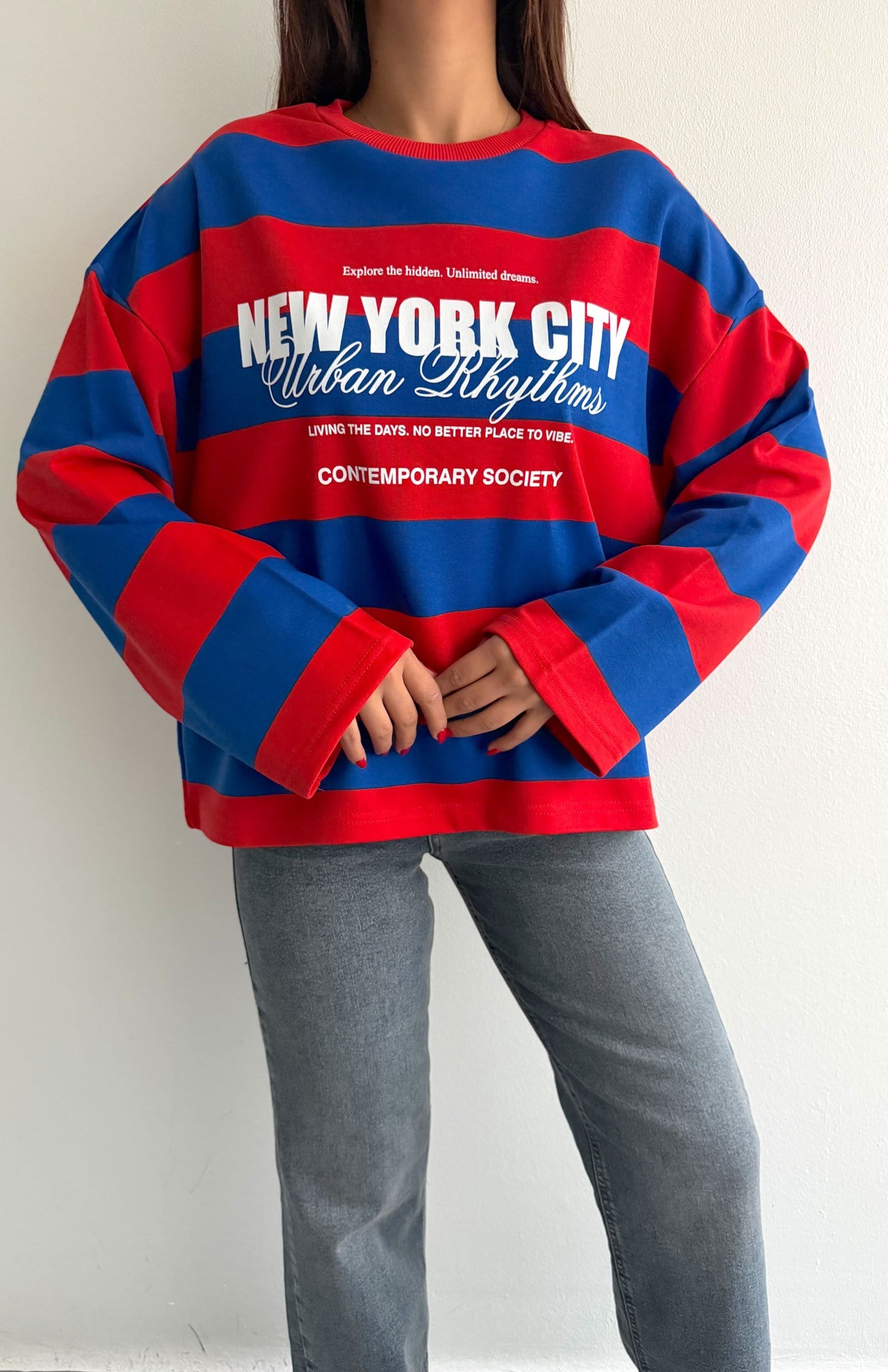 Newyork Baskılı Çizgili Sweatshırt KIRMIZI