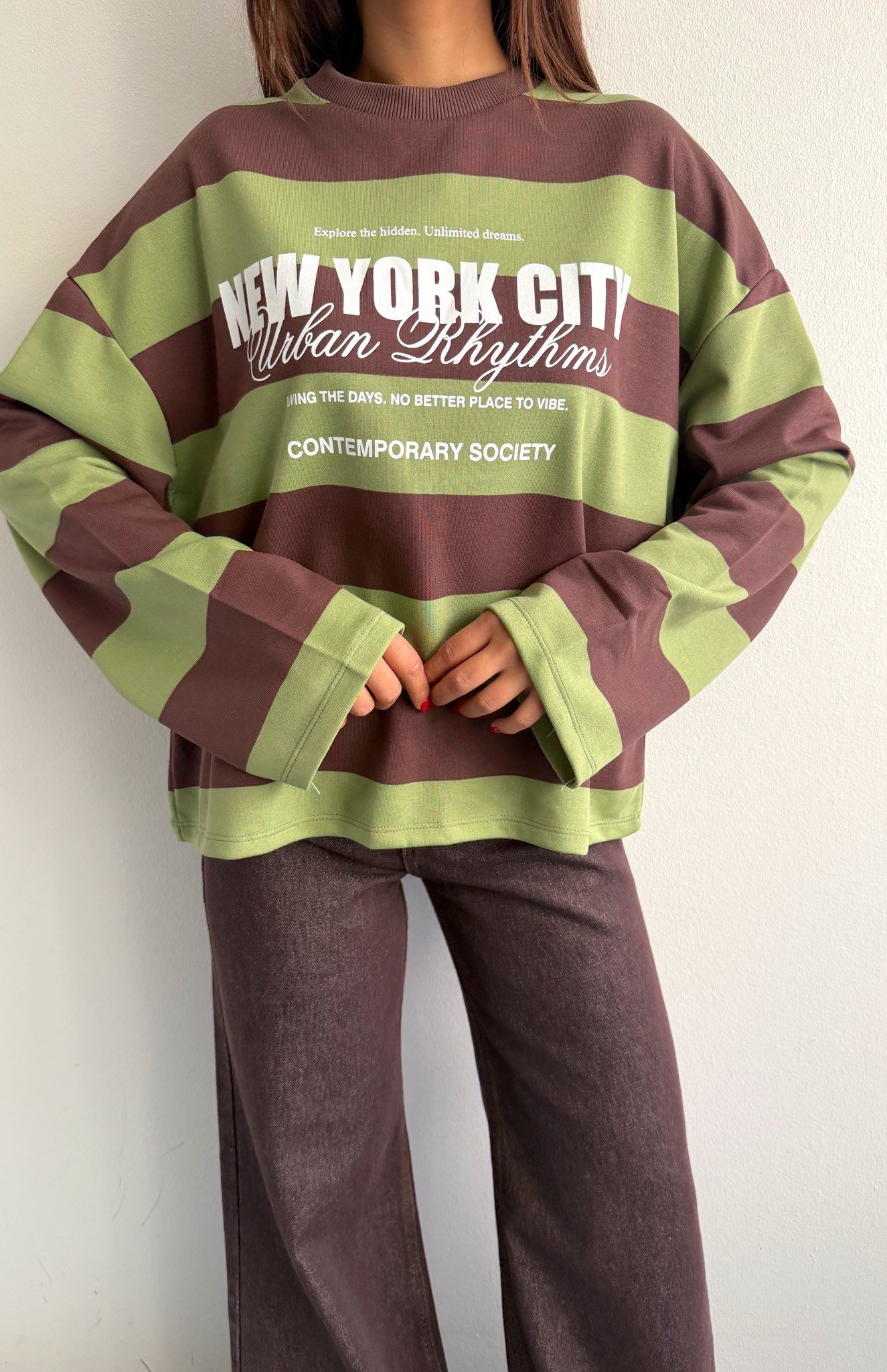 Newyork Baskılı Çizgili Sweatshırt HAKİ