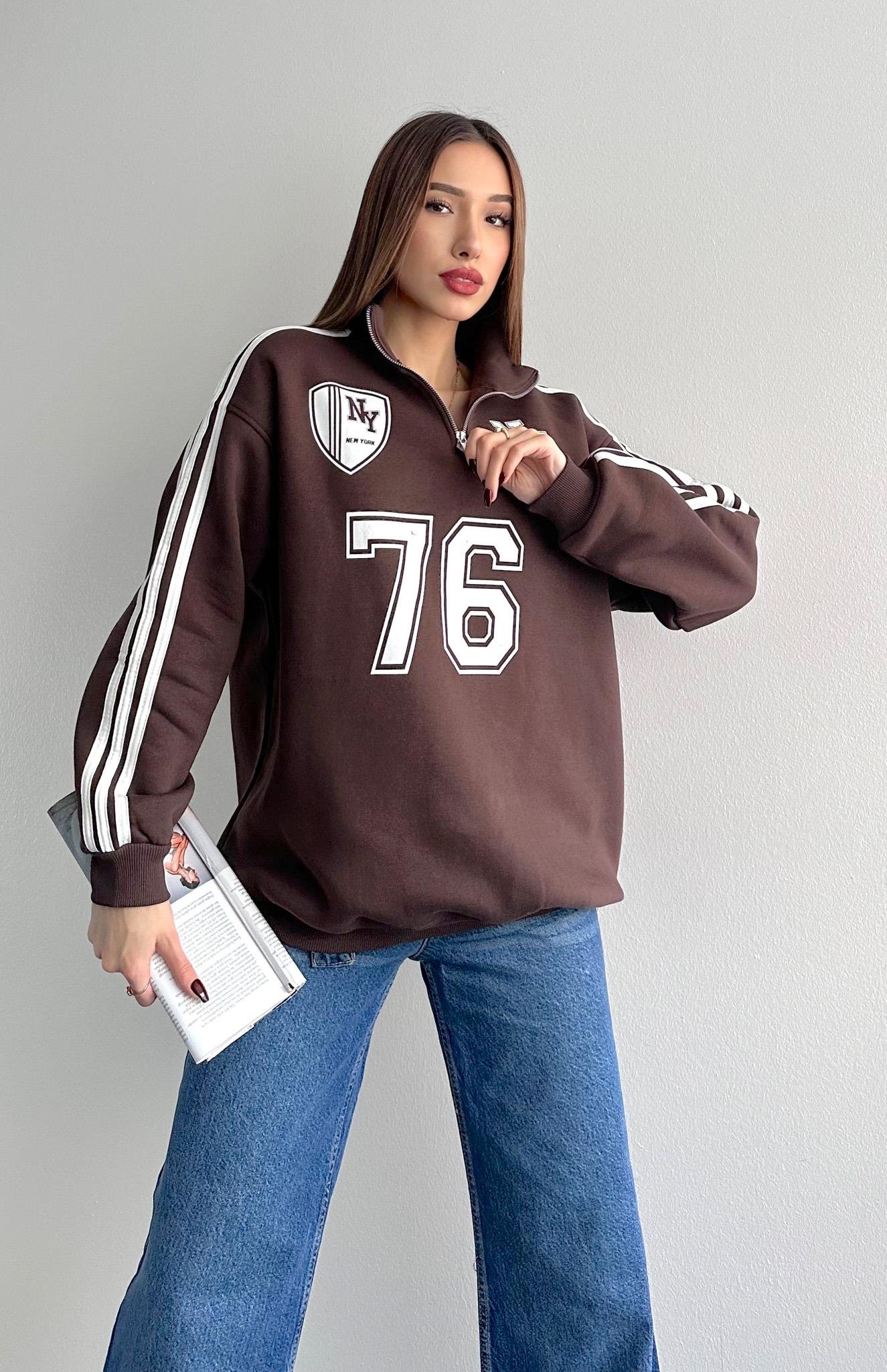 Ny Basklılı Sweatshırt KAHVERENGİ