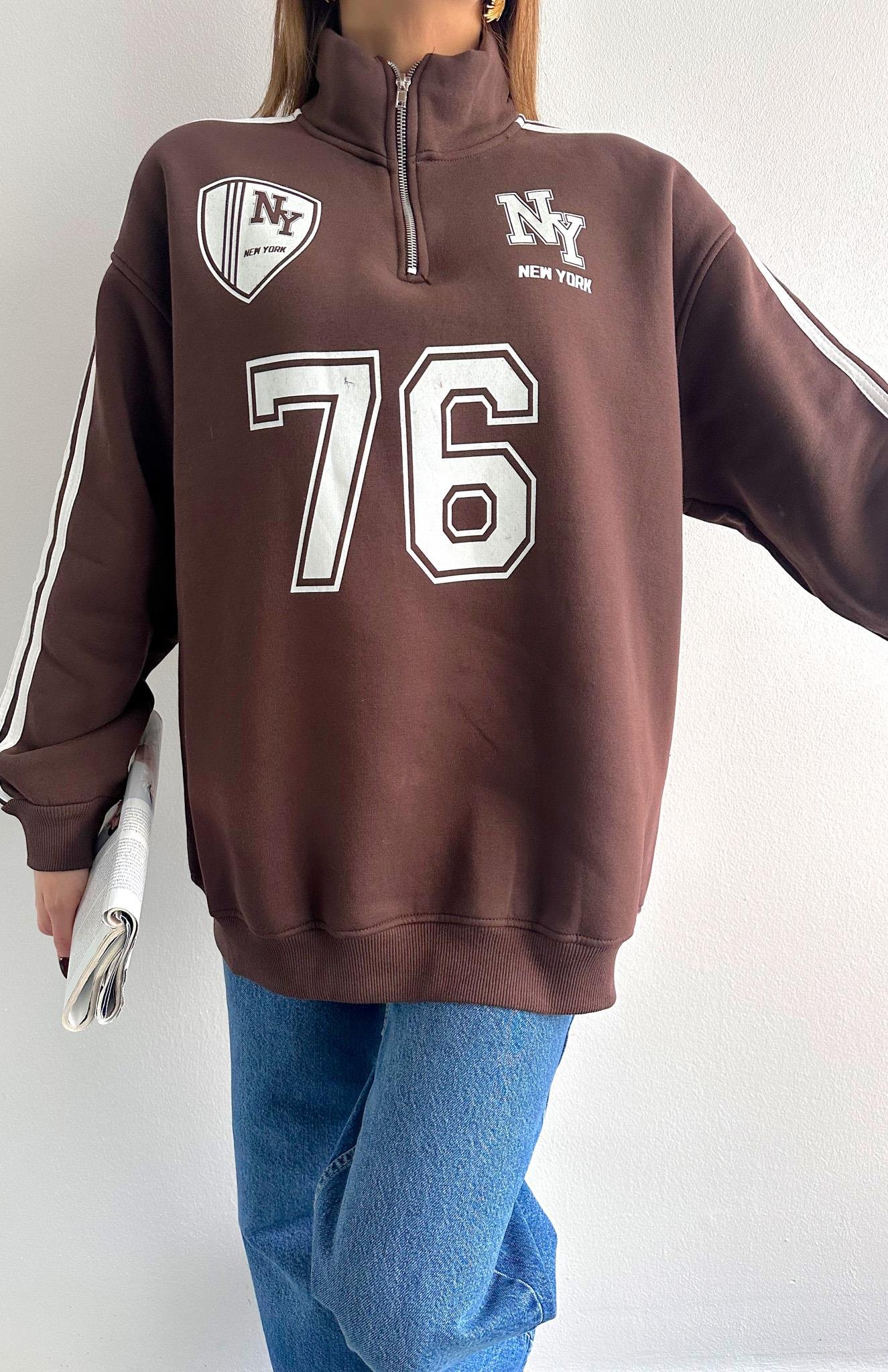 Ny Basklılı Sweatshırt KAHVERENGİ