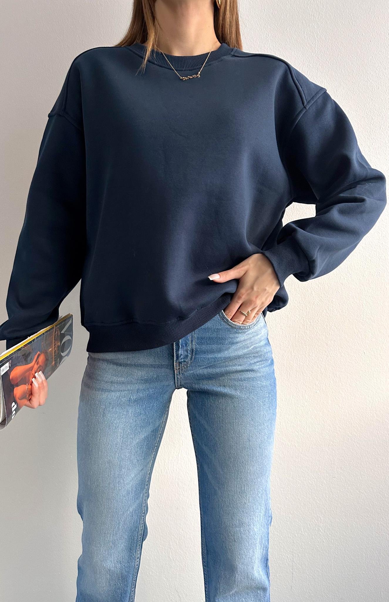 Omuzu Robalı 3 İplik Sweatshırt LACİVERT