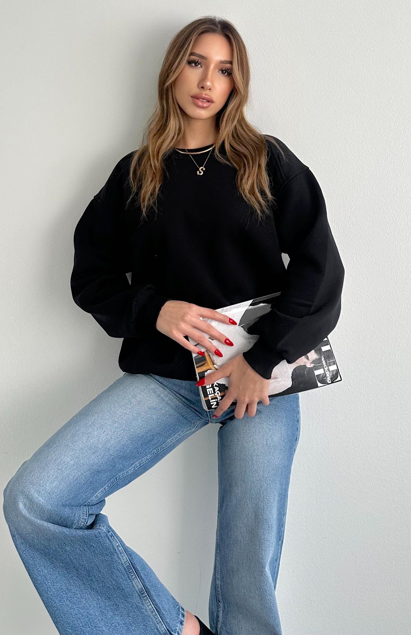 Omuzu Robalı 3 İplik Sweatshırt SİYAH