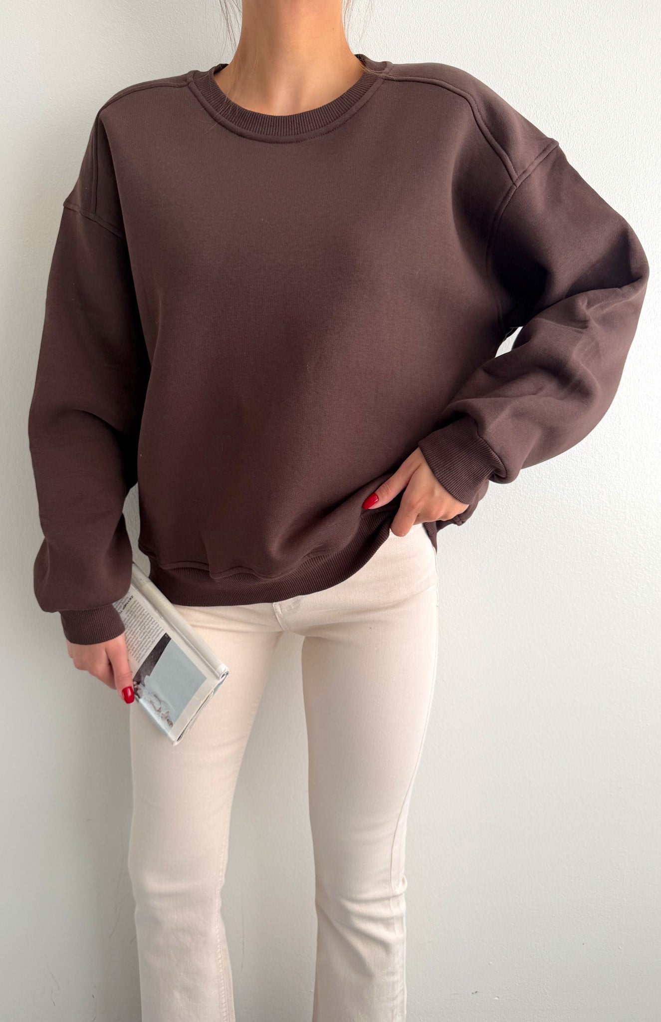 Omuzu Robalı 3 İplik Sweatshırt KAHVERENGİ