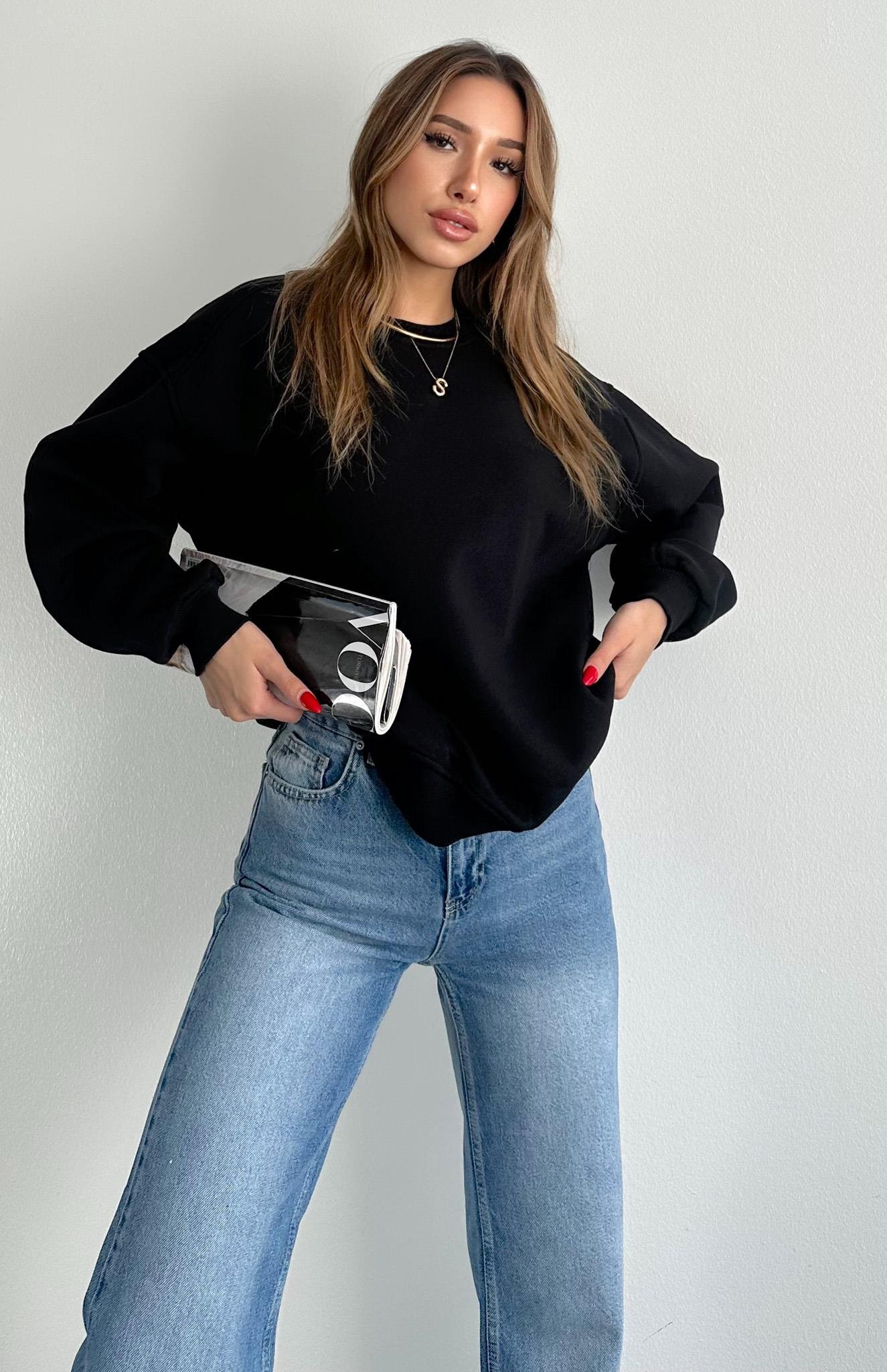 Omuzu Robalı 3 İplik Sweatshırt SİYAH