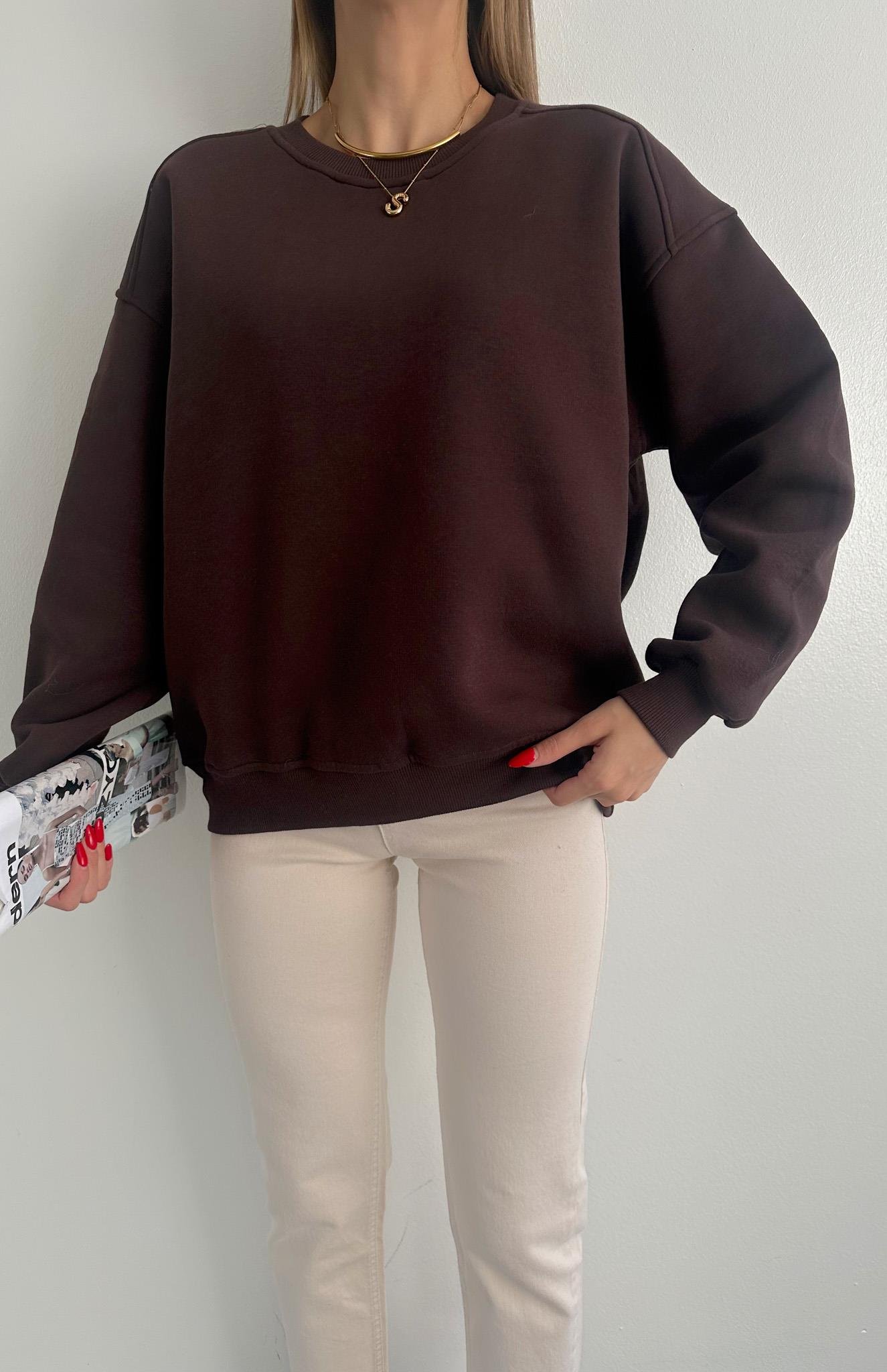 Omuzu Robalı 3 İplik Sweatshırt KAHVERENGİ
