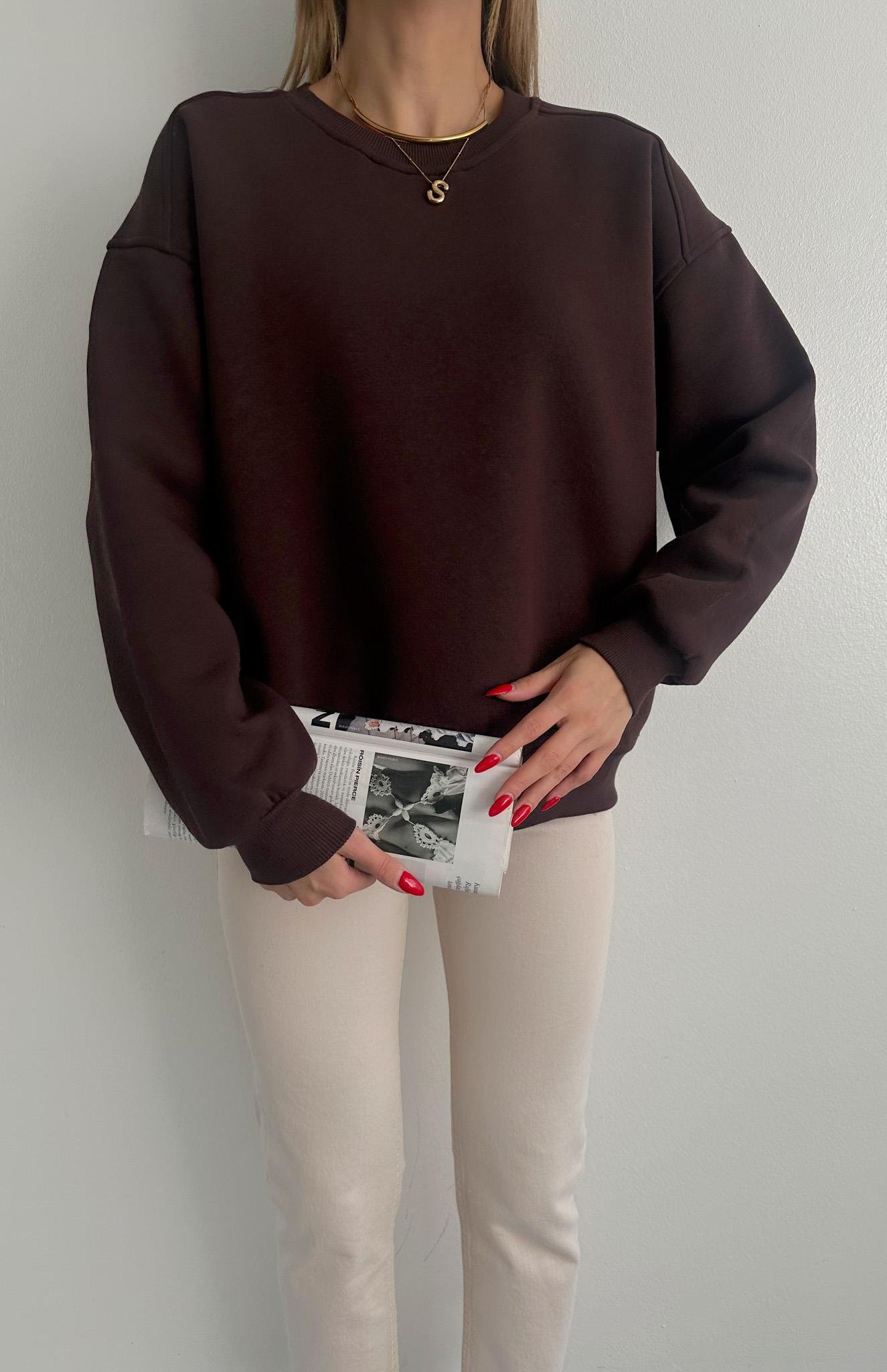 Omuzu Robalı 3 İplik Sweatshırt KAHVERENGİ