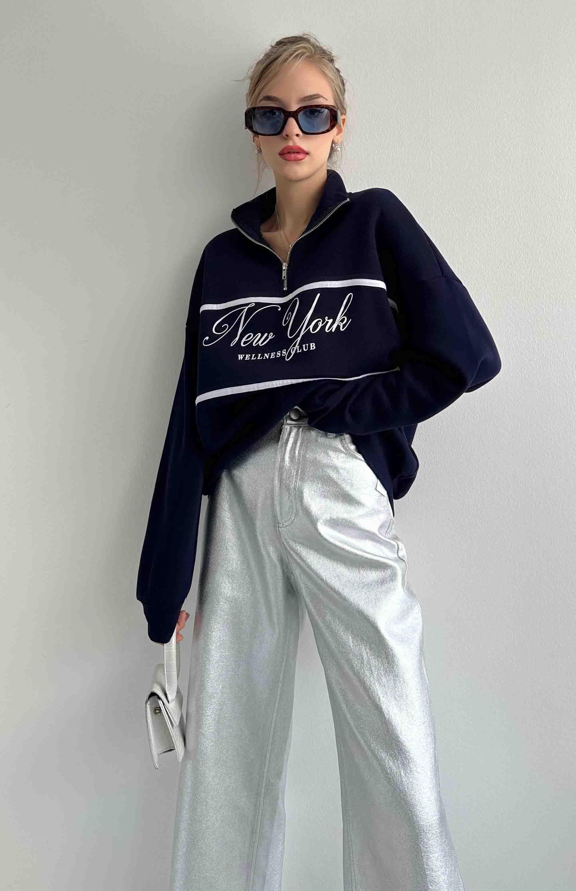 Önü Fermuarlı Sweatshırt LACİVERT