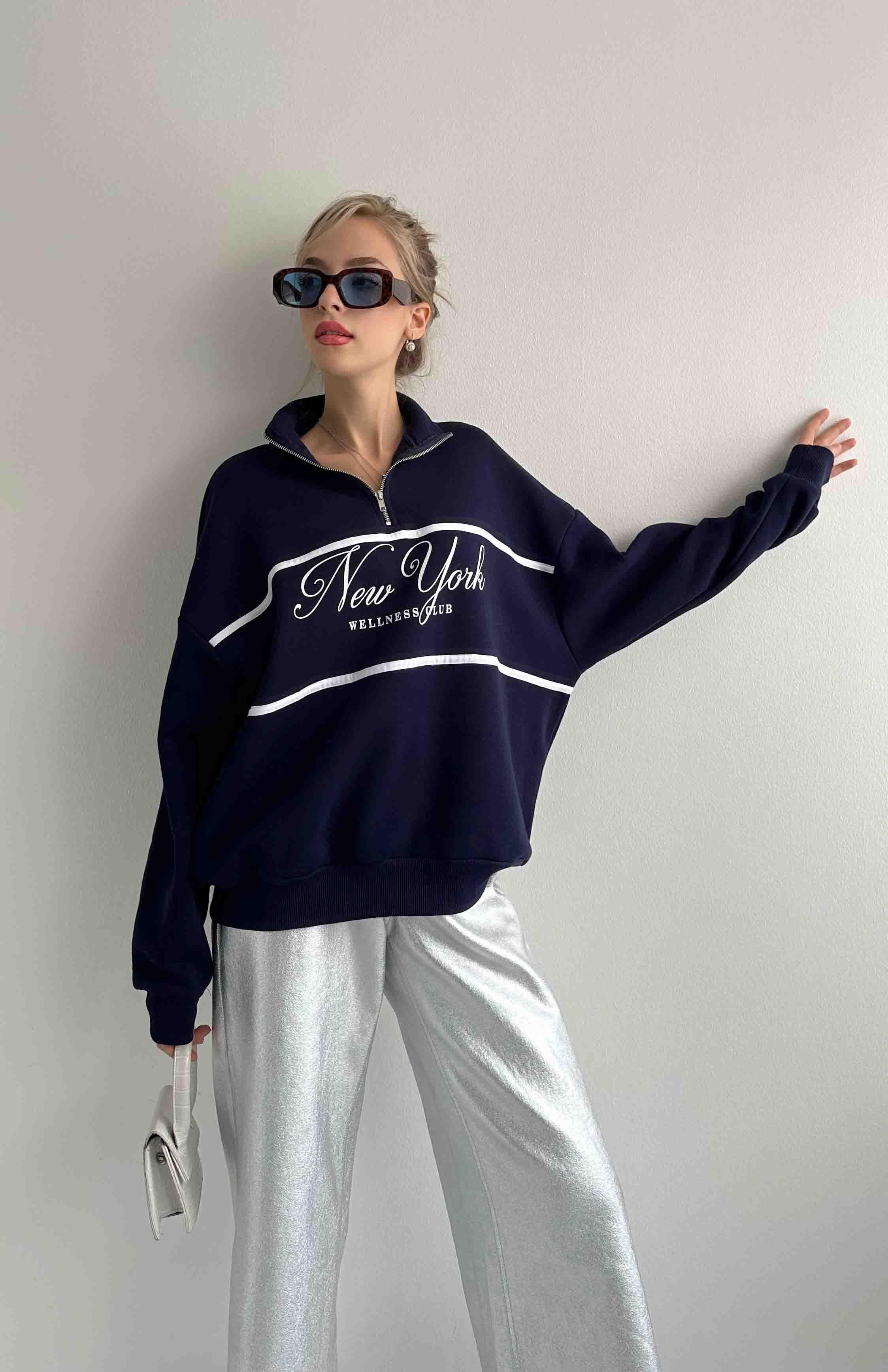 Önü Fermuarlı Sweatshırt LACİVERT