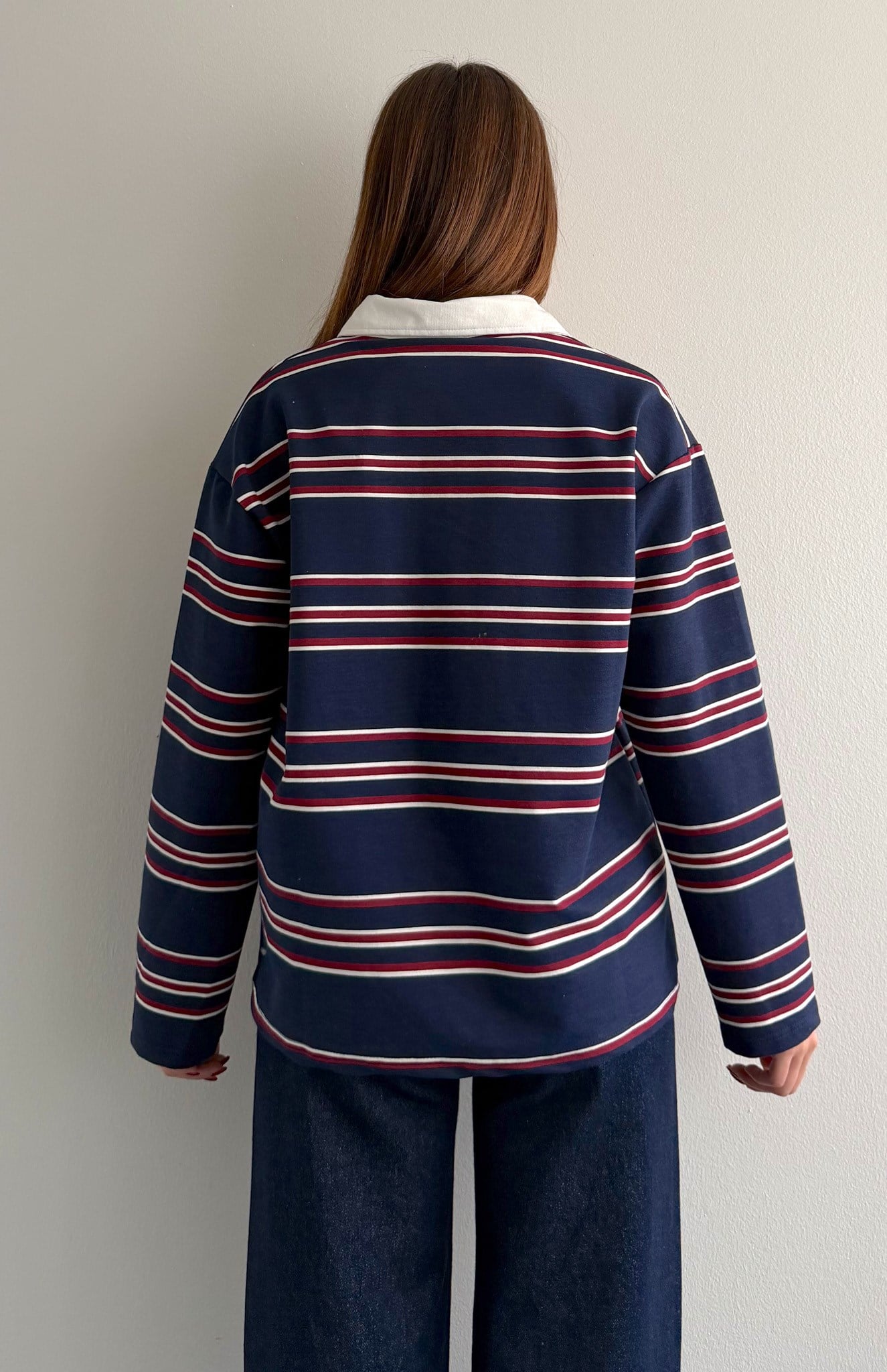 Polo Yaka Çizgili Sweatshırt LACİVERT