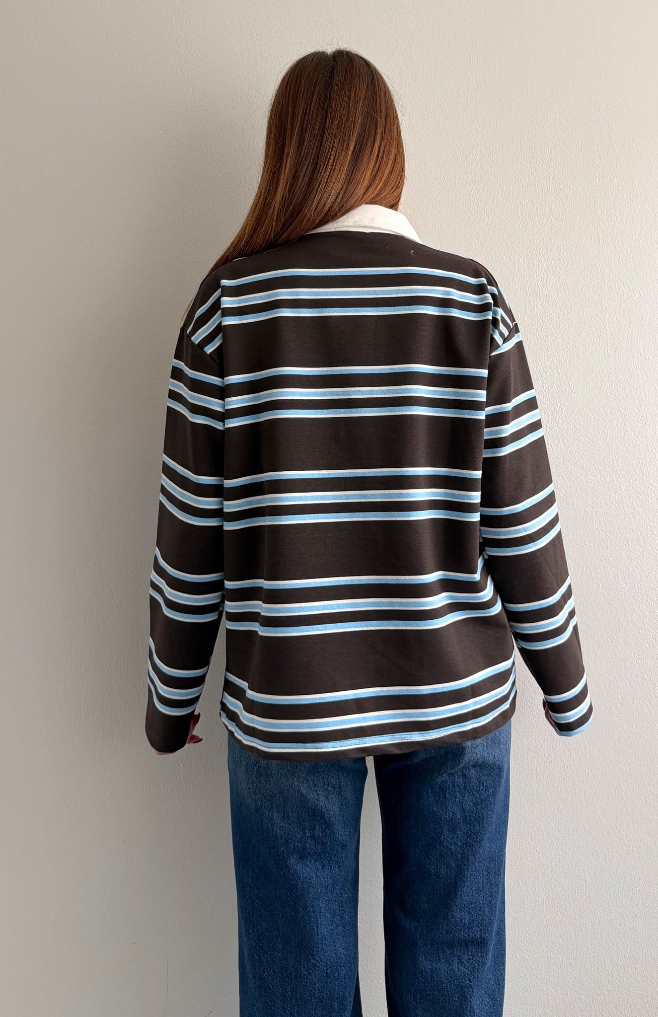Polo Yaka Çizgili Sweatshırt KAHVERENGİ