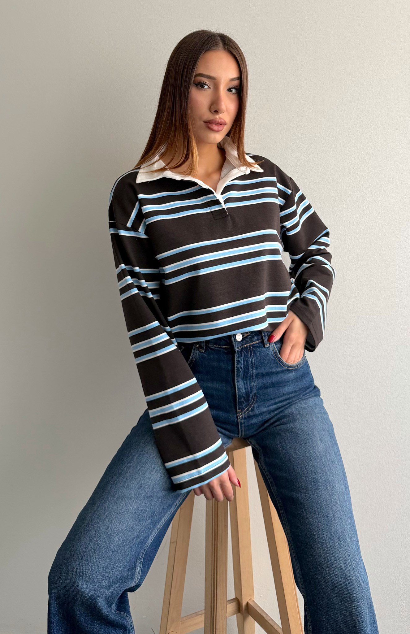 Polo Yaka Çizgili Sweatshırt KAHVERENGİ