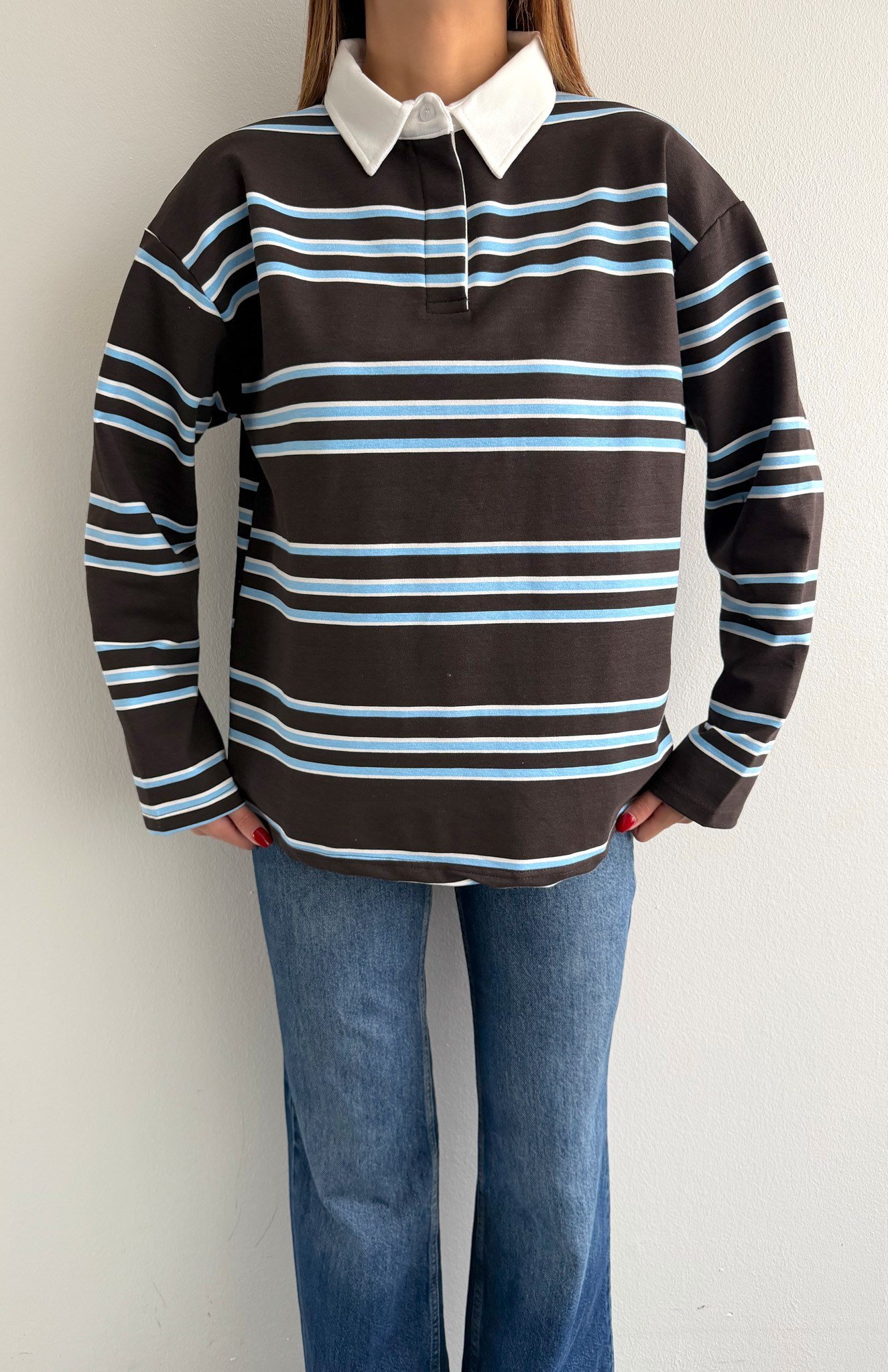 Polo Yaka Çizgili Sweatshırt KAHVERENGİ