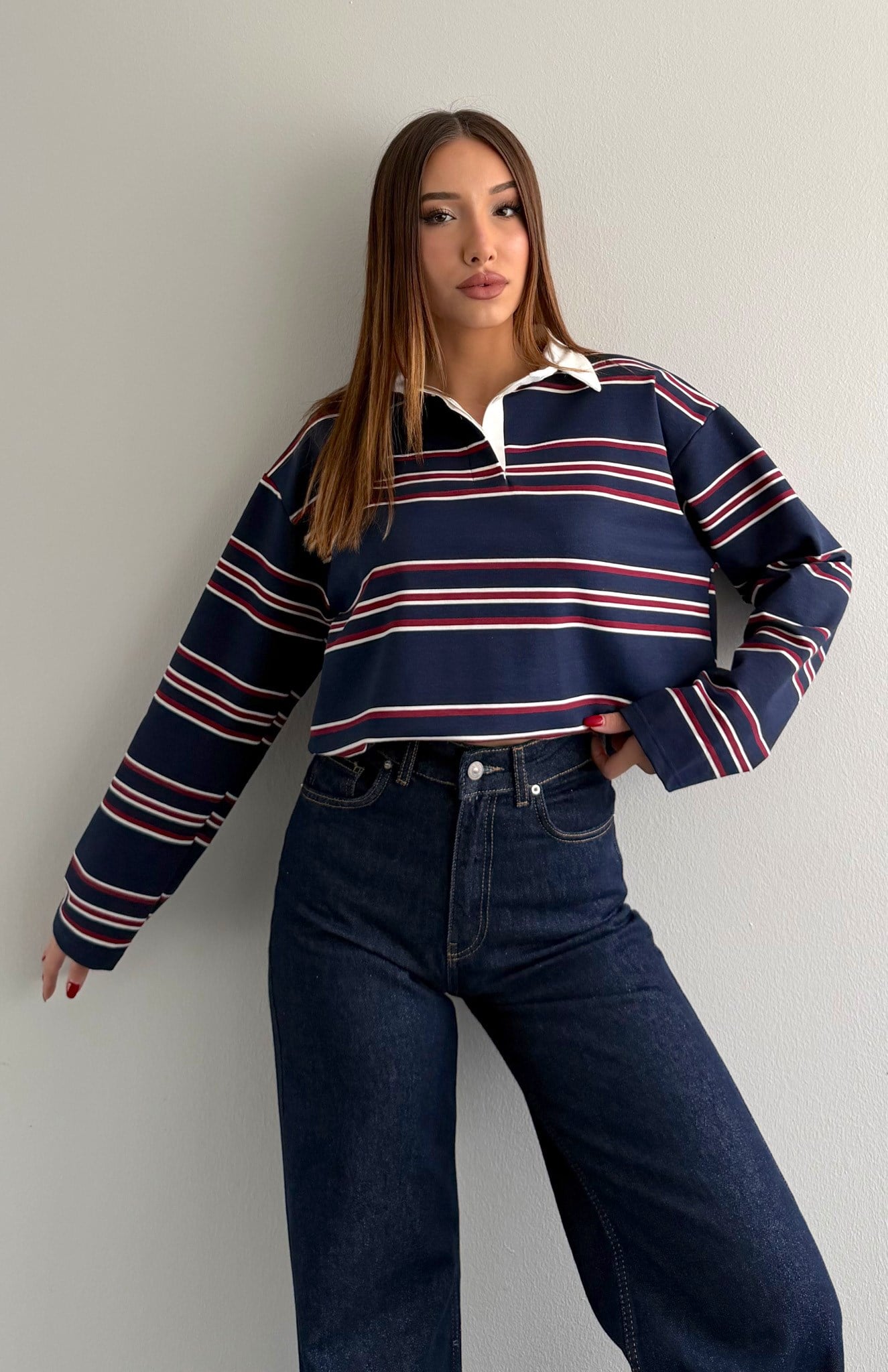 Polo Yaka Çizgili Sweatshırt LACİVERT