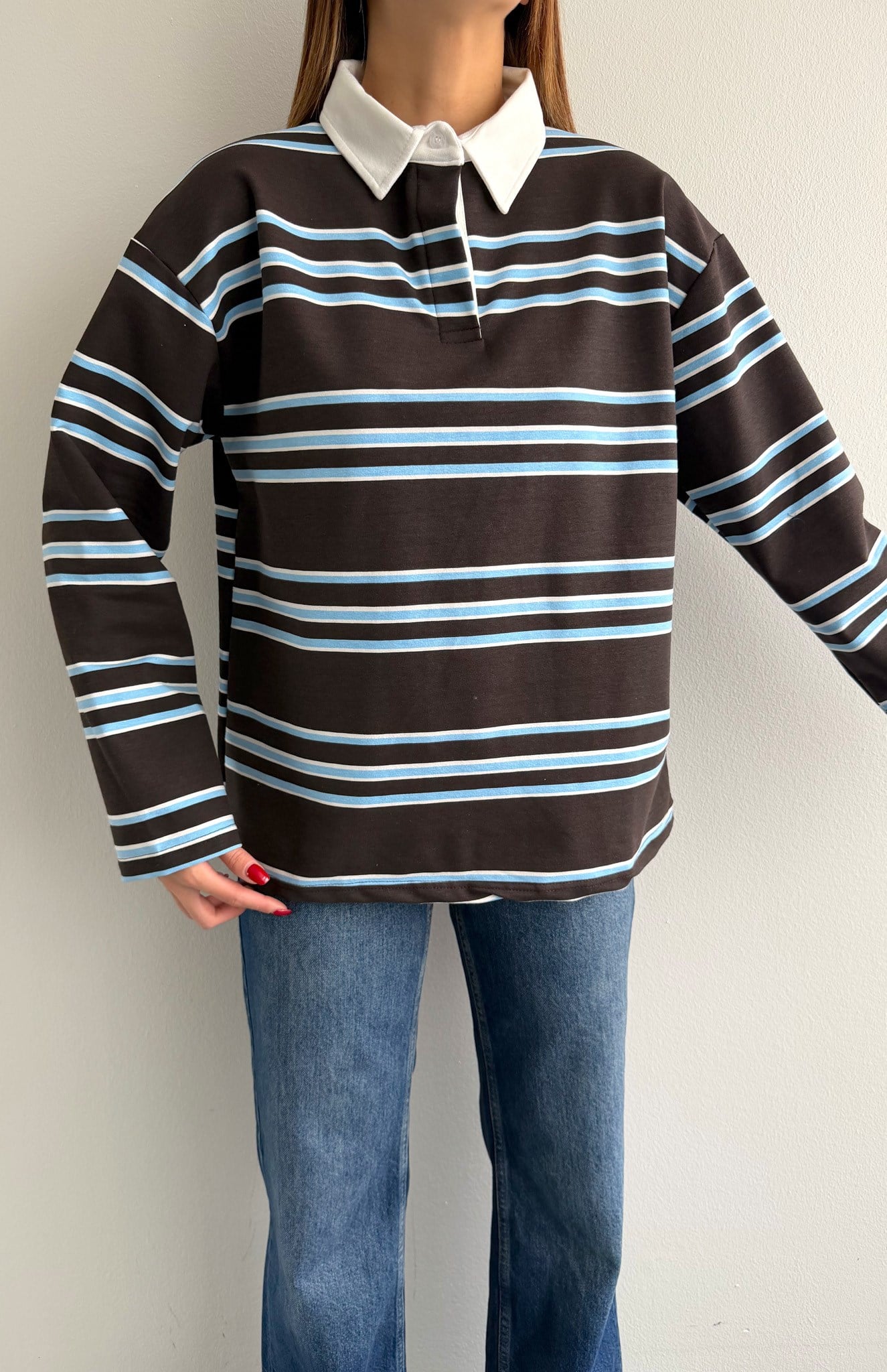 Polo Yaka Çizgili Sweatshırt KAHVERENGİ