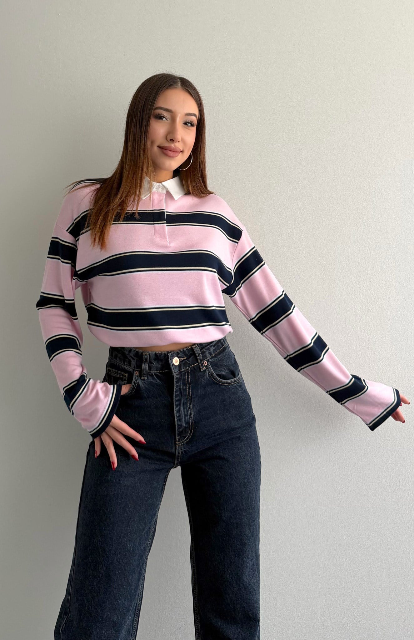 Polo Yaka Çizgili Sweatshırt LACİVERT