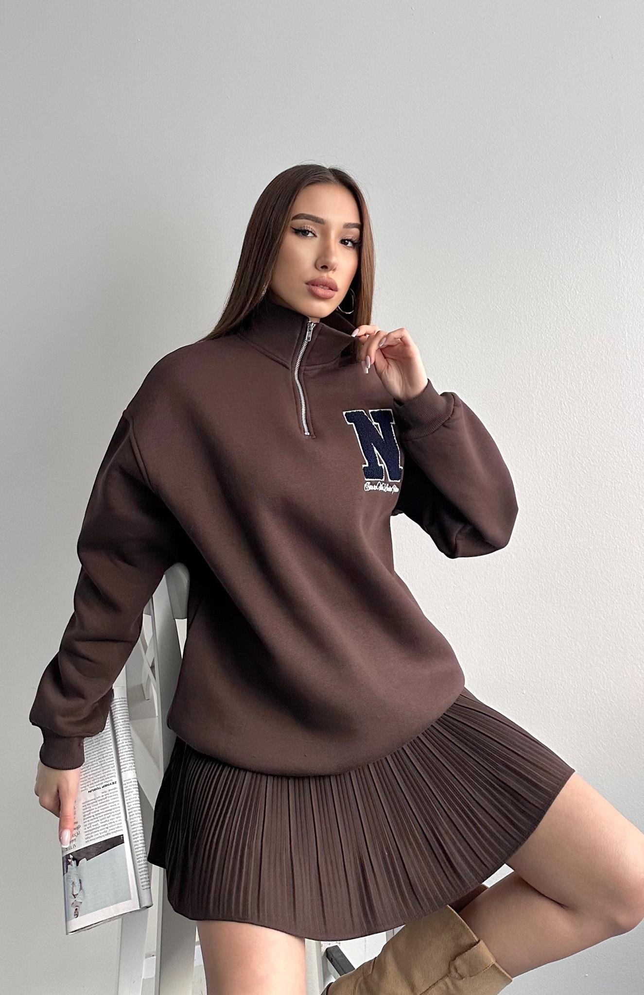 S Süzüneli Yarım Fermuarlı Sweat KAHVERENGİ