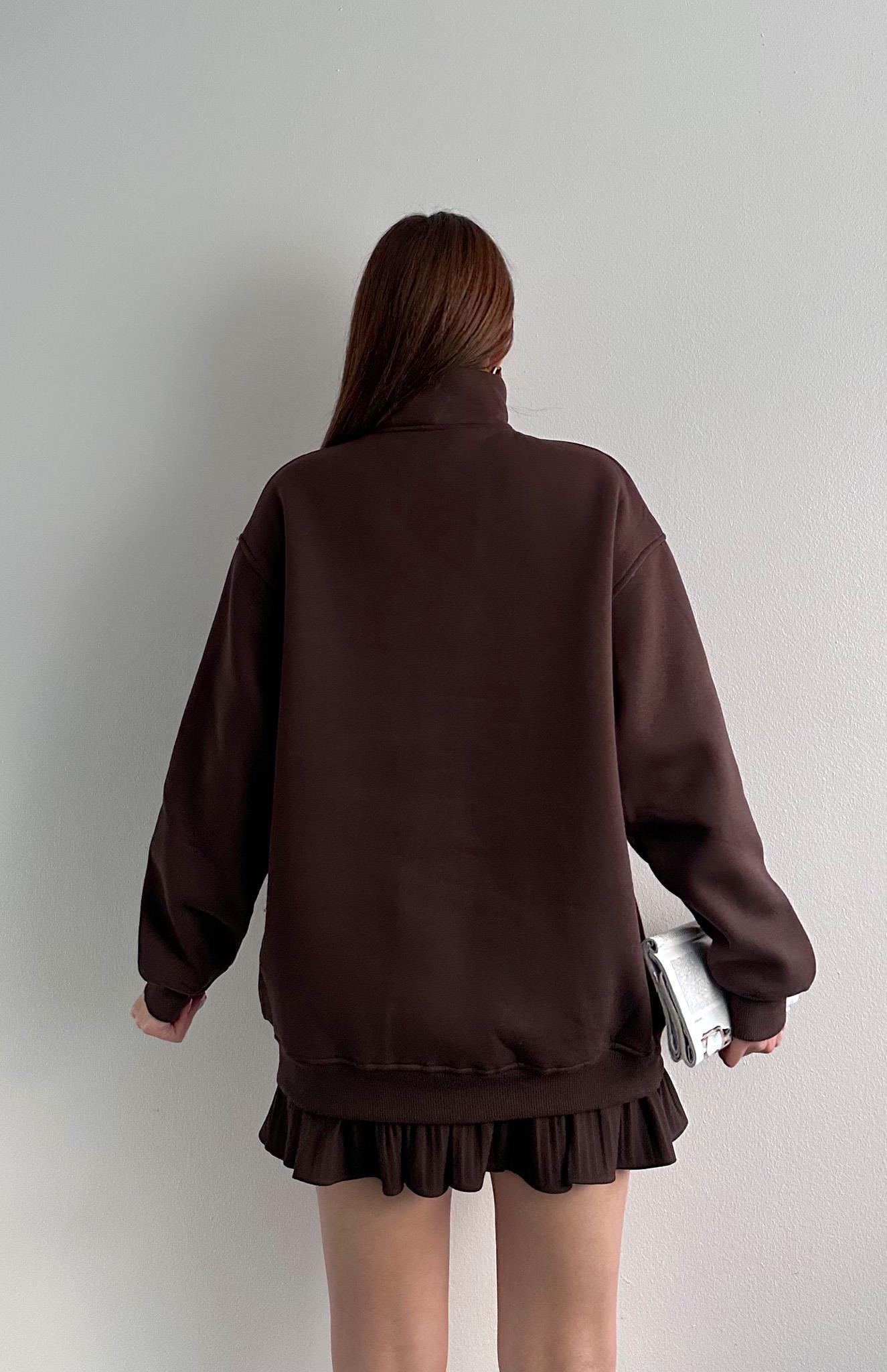 S Süzüneli Yarım Fermuarlı Sweat KAHVERENGİ