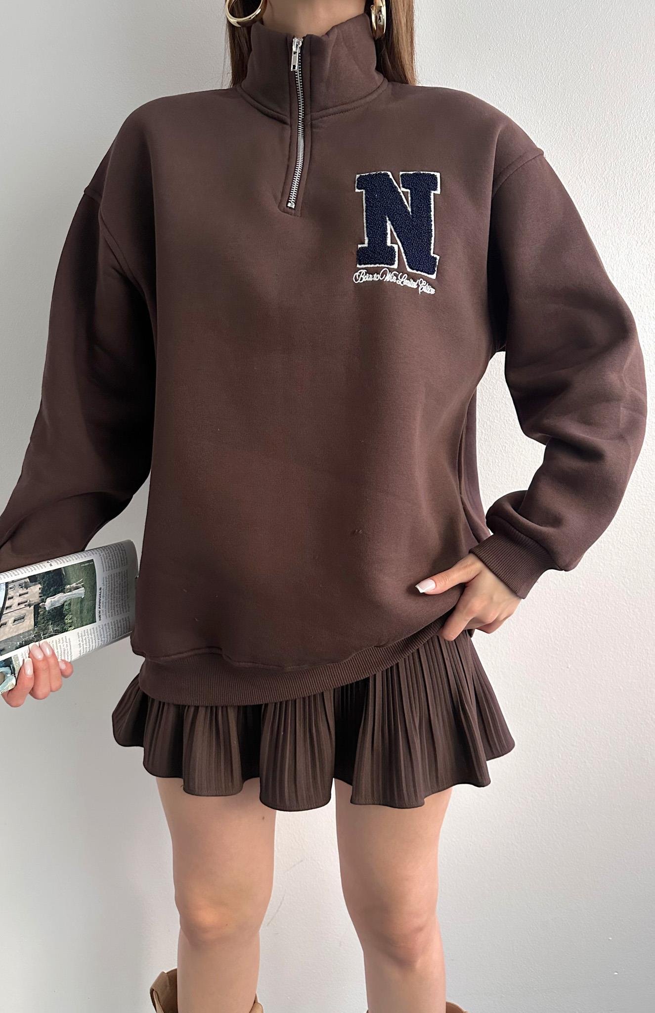 S Süzüneli Yarım Fermuarlı Sweat KAHVERENGİ