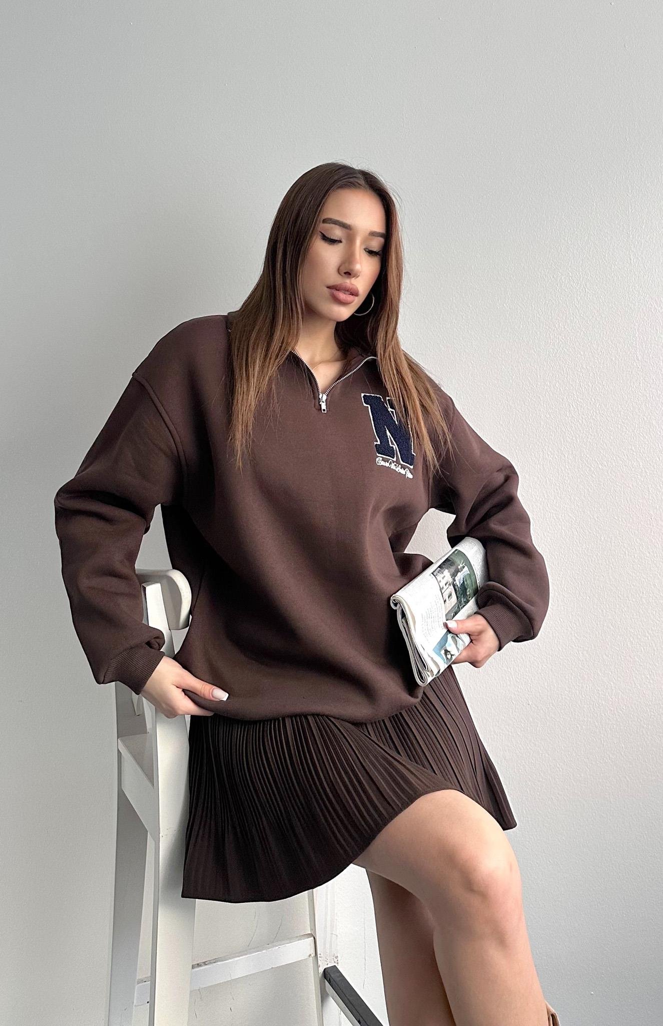 S Süzüneli Yarım Fermuarlı Sweat KAHVERENGİ