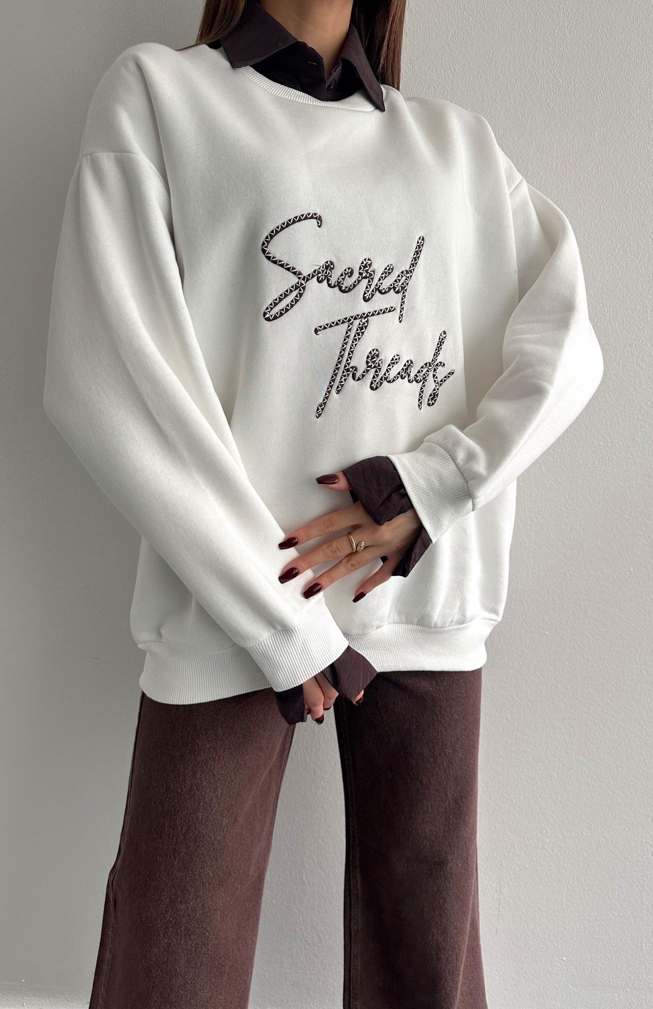 Sacred Nakişlı Gömlek Detaylı Sweatshırt EKRU