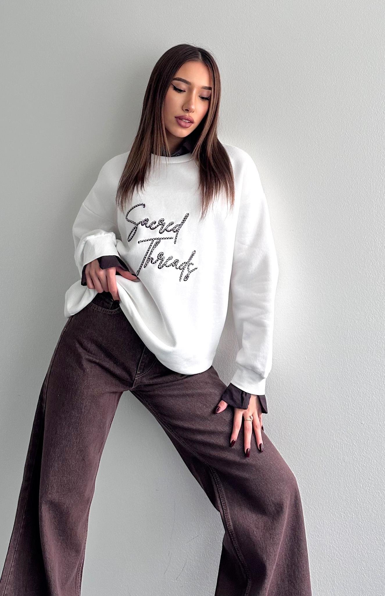 Sacred Nakişlı Gömlek Detaylı Sweatshırt EKRU