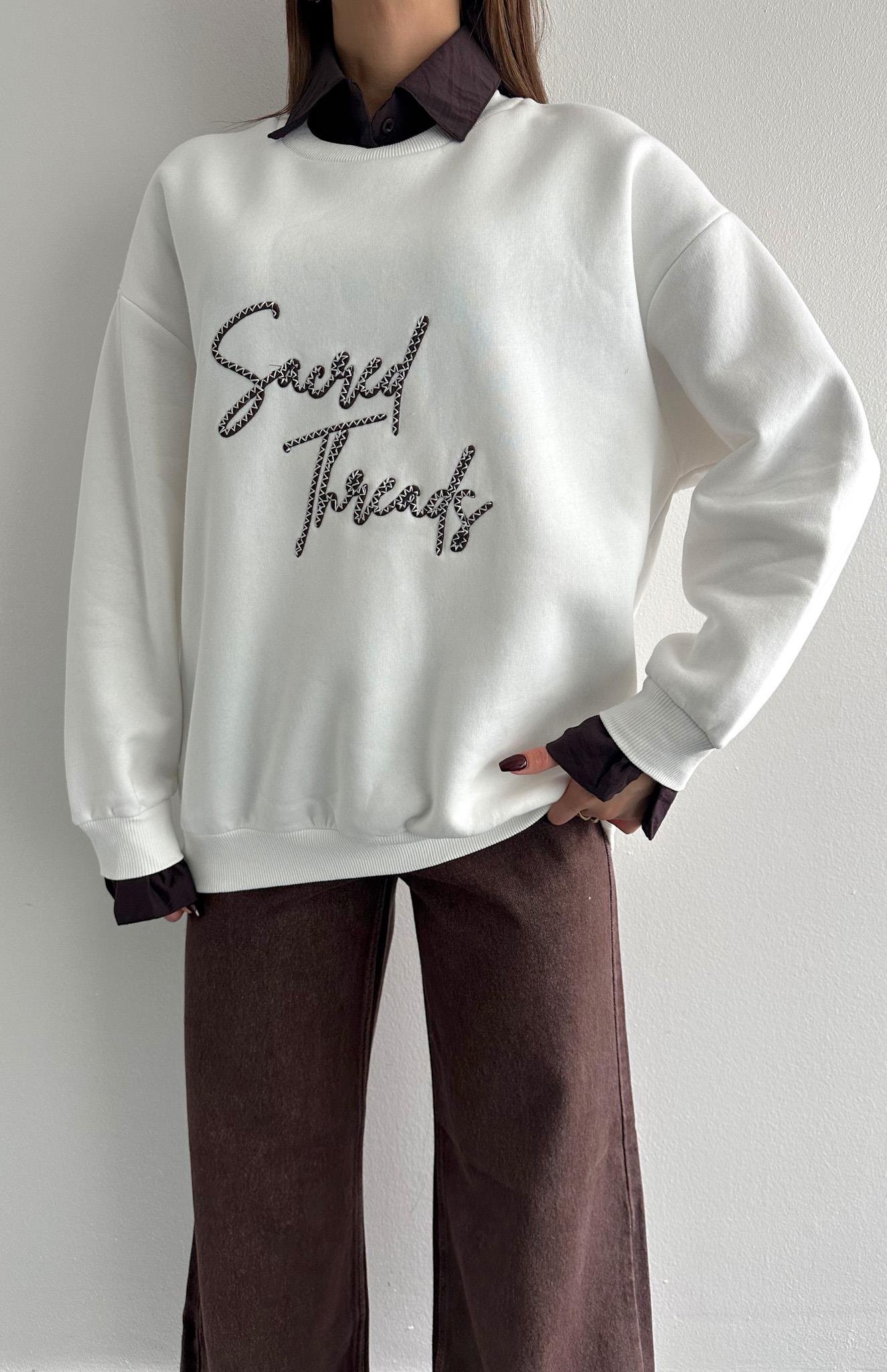 Sacred Nakişlı Gömlek Detaylı Sweatshırt EKRU