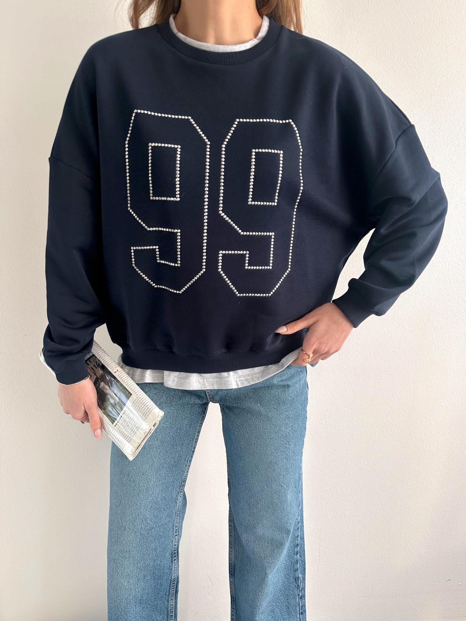 Taş Detaylı Sweatshırt LACİVERT