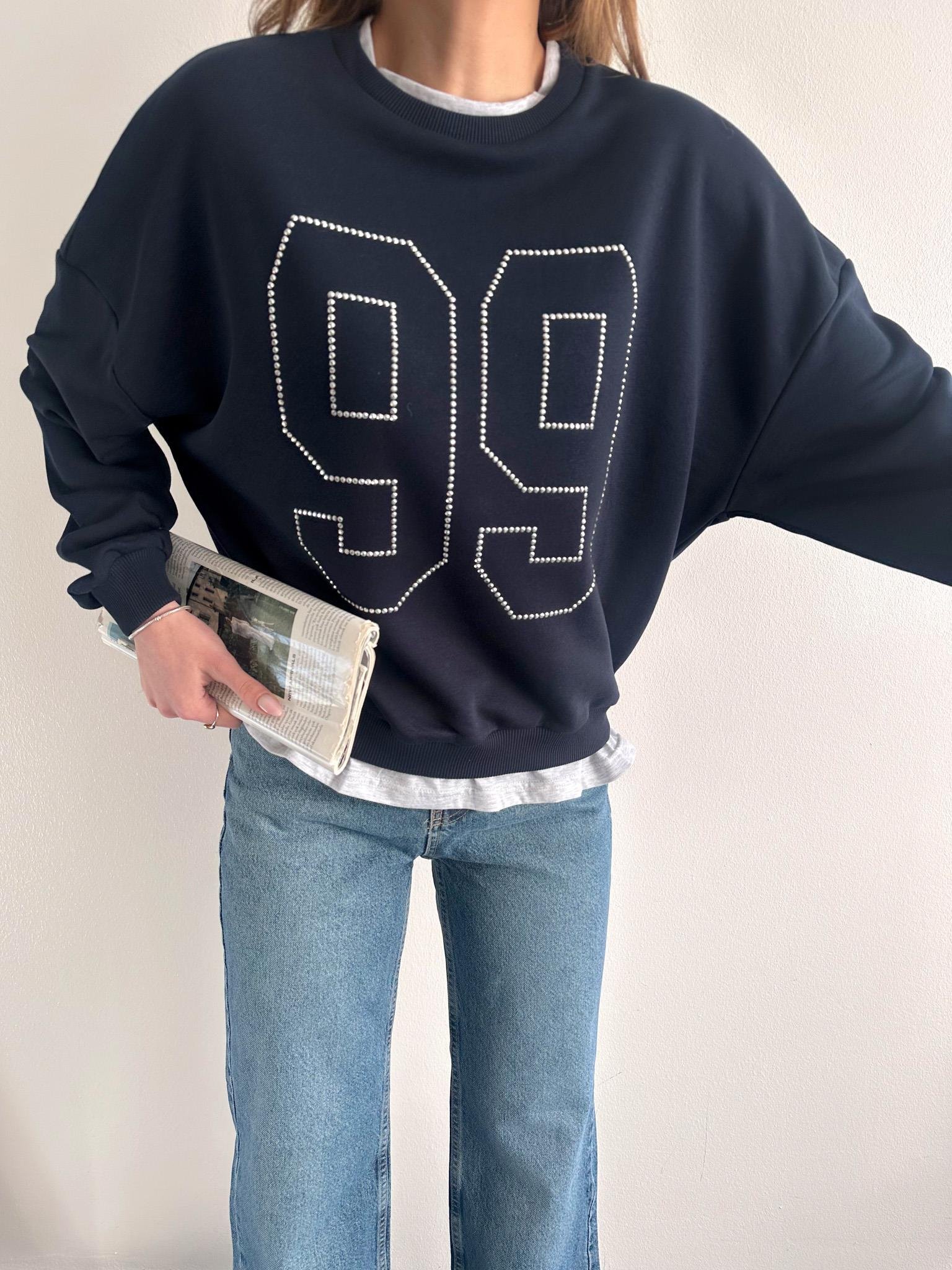 Taş Detaylı Sweatshırt LACİVERT