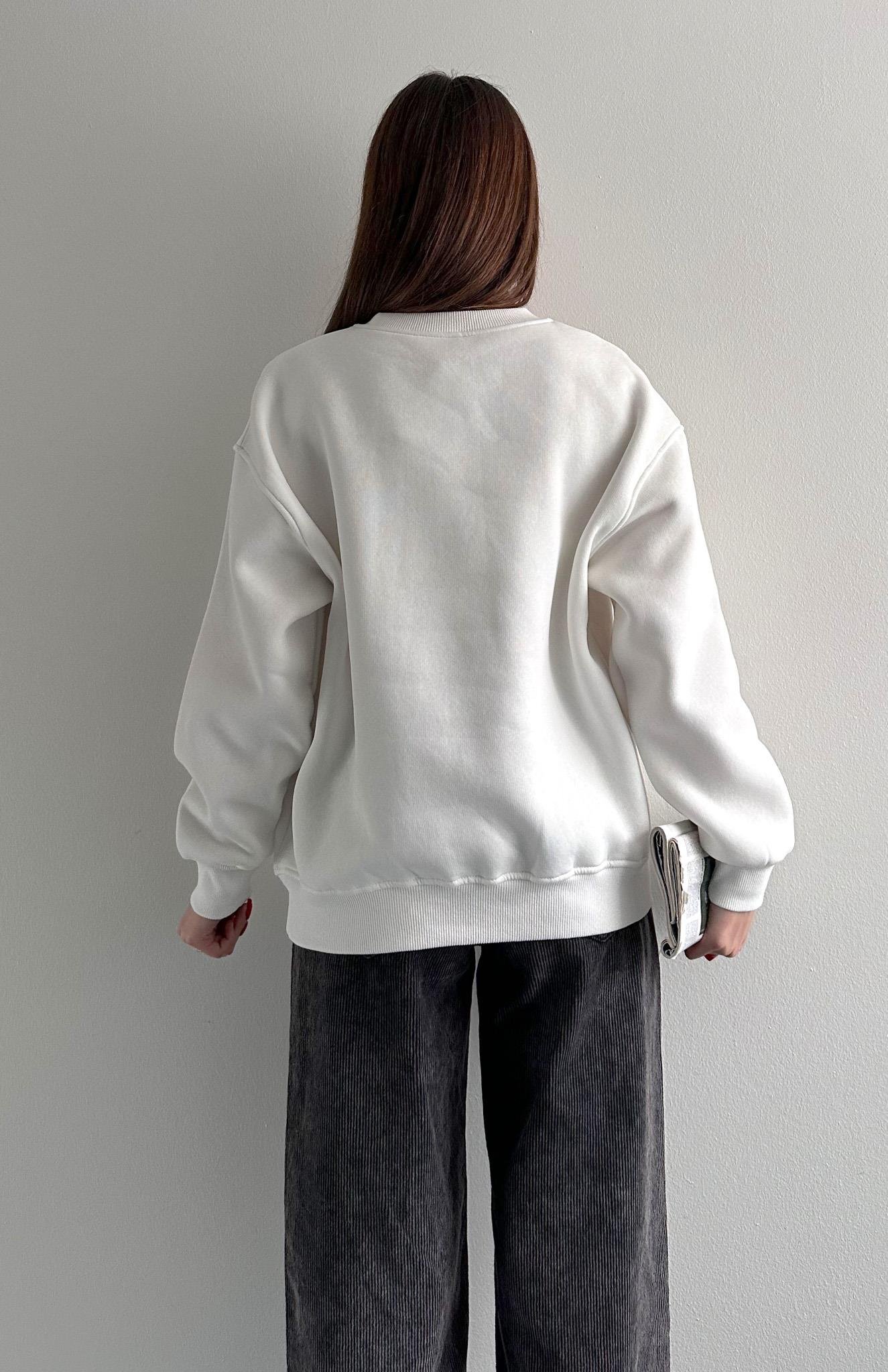 Teddy Nakiş 3 İplik Sweatshırt EKRU