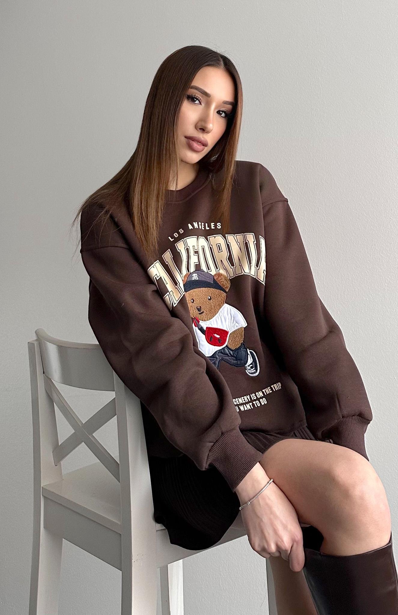 Teddy Nakiş 3 İplik Sweatshırt KAHVERENGİ