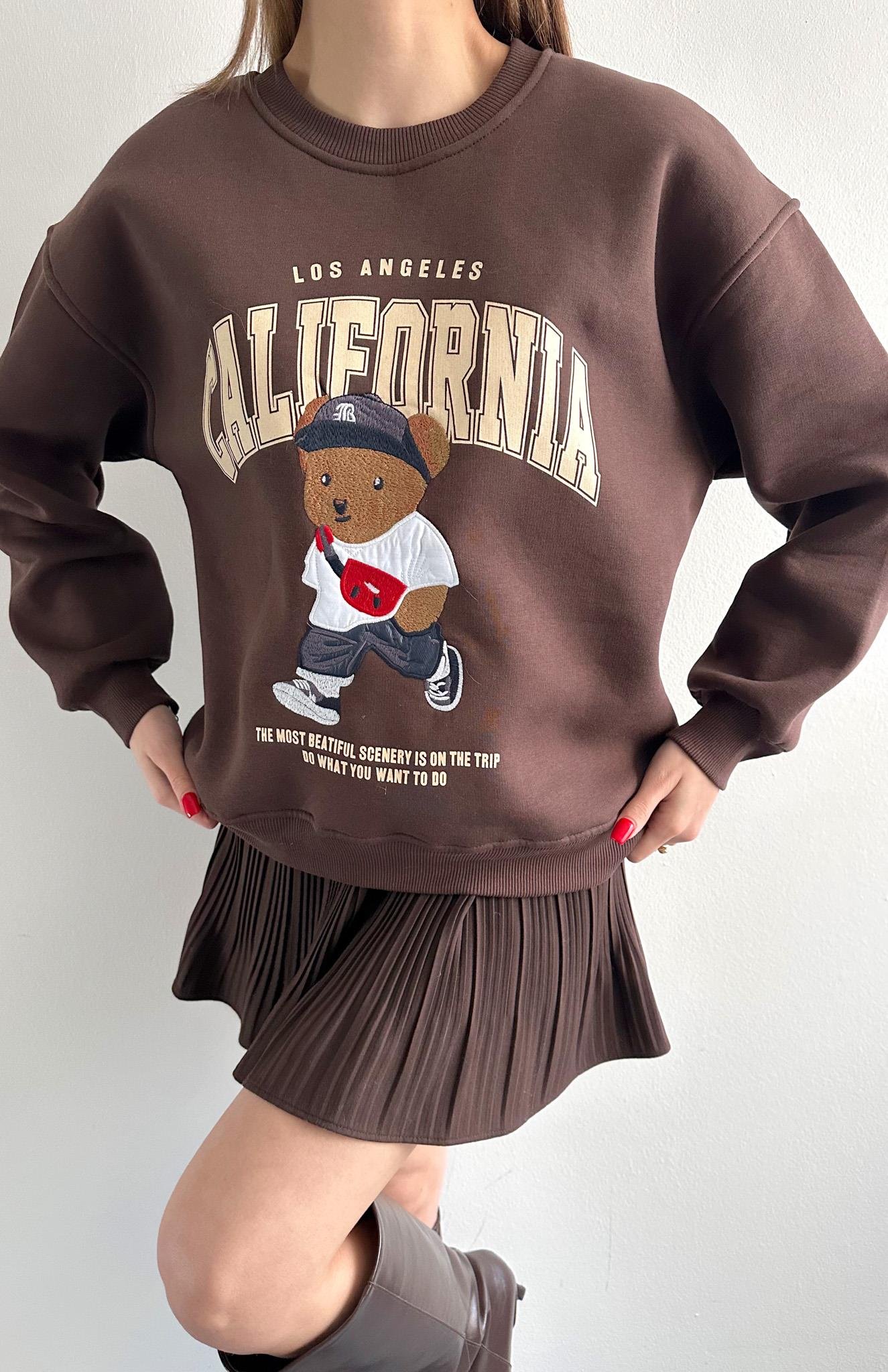 Teddy Nakiş 3 İplik Sweatshırt KAHVERENGİ