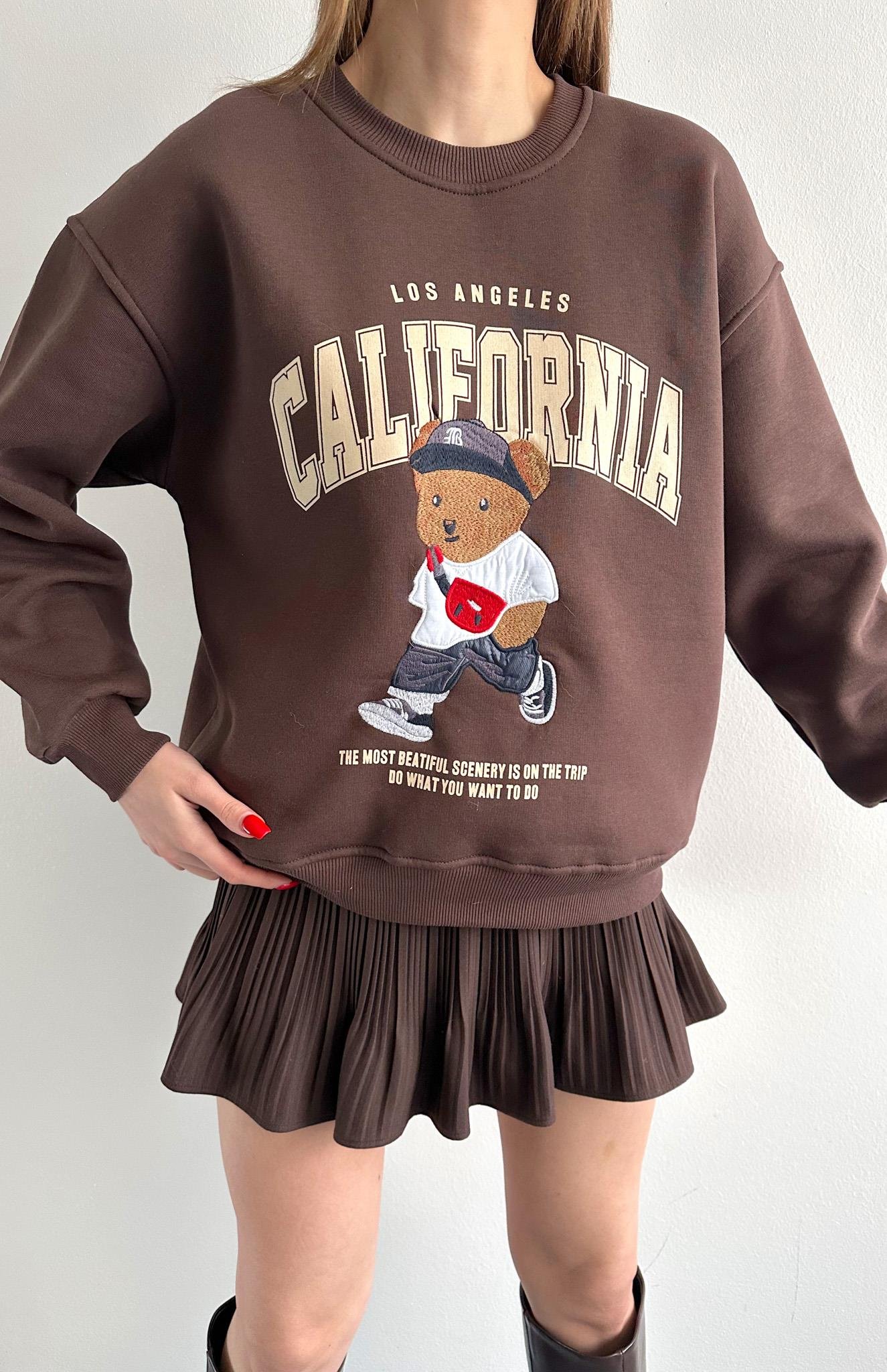 Teddy Nakiş 3 İplik Sweatshırt KAHVERENGİ