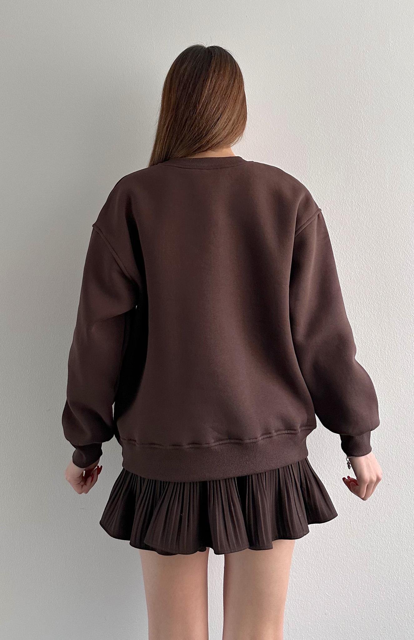 Teddy Nakiş 3 İplik Sweatshırt KAHVERENGİ