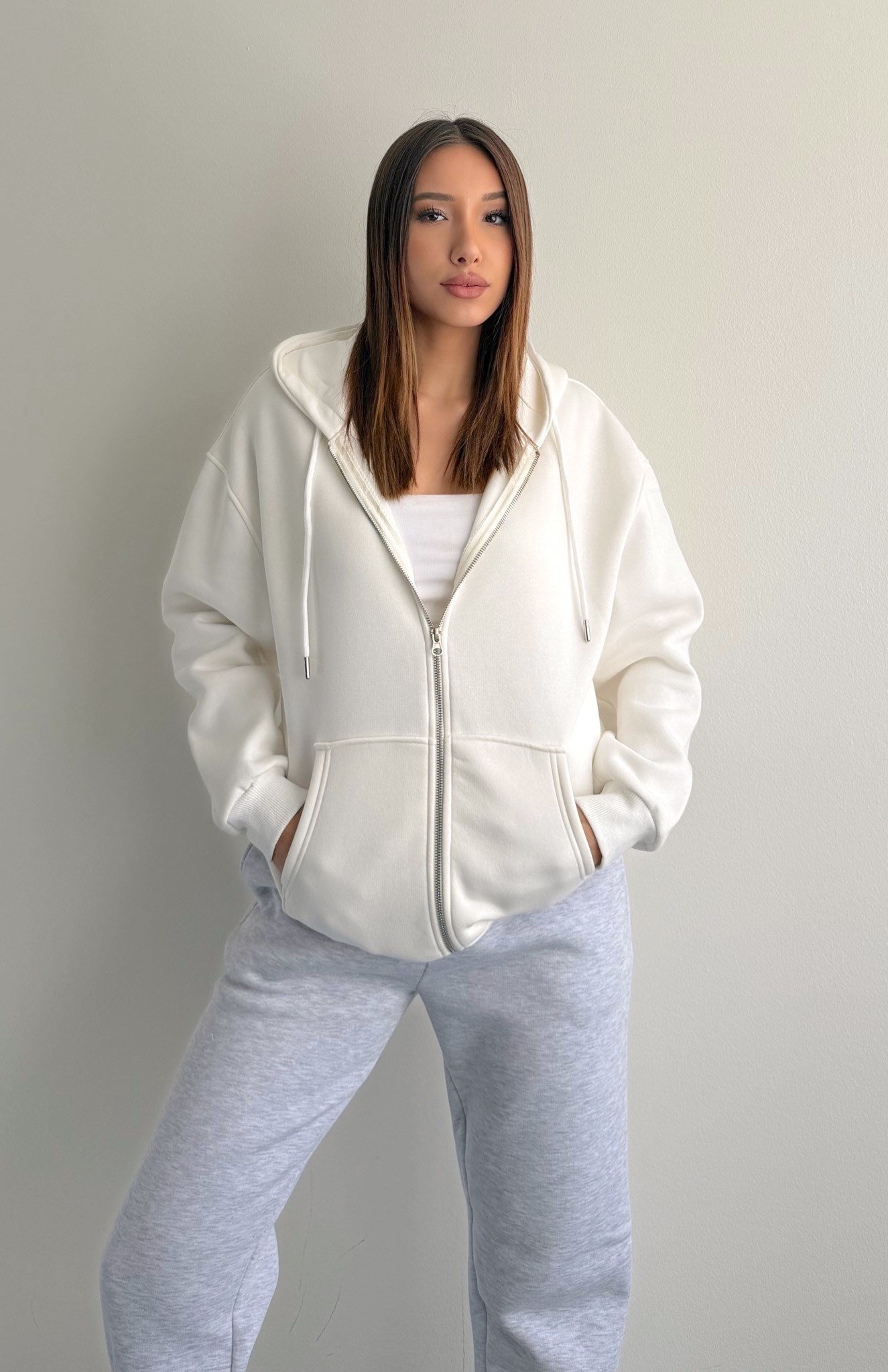 Üç İplik Fermuarlı Sweatshırt EKRU