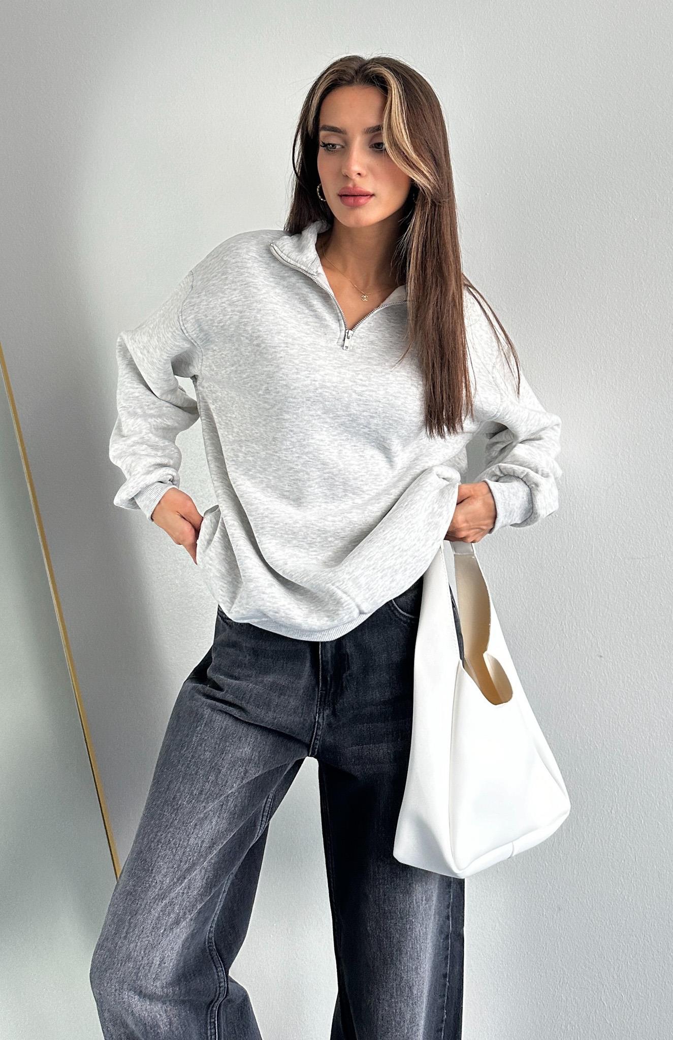 Yarım Fermuarlı Düz Sweatshırt GRİ