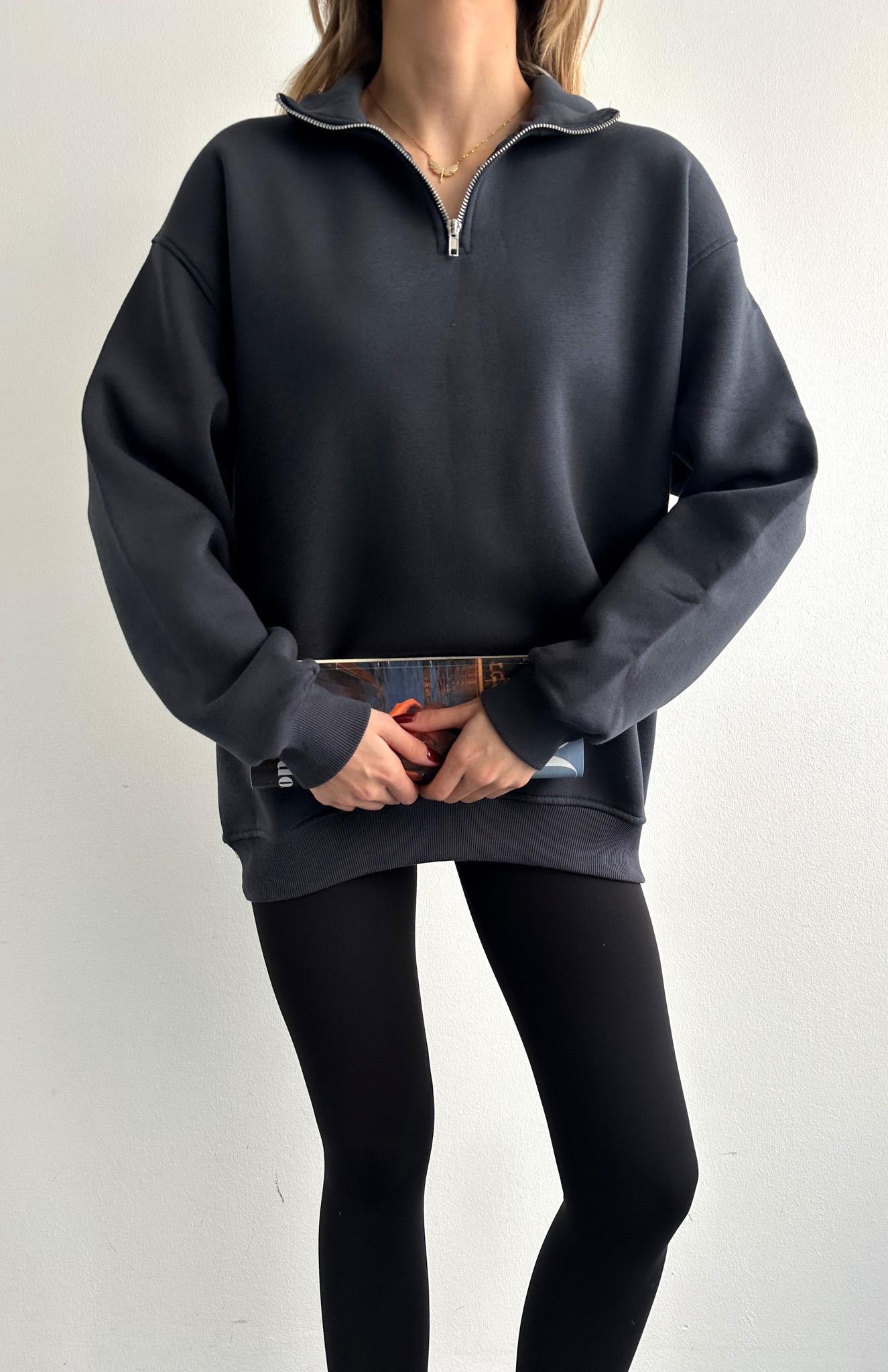 Yarım Fermuarlı Düz Sweatshırt ANTRASİT