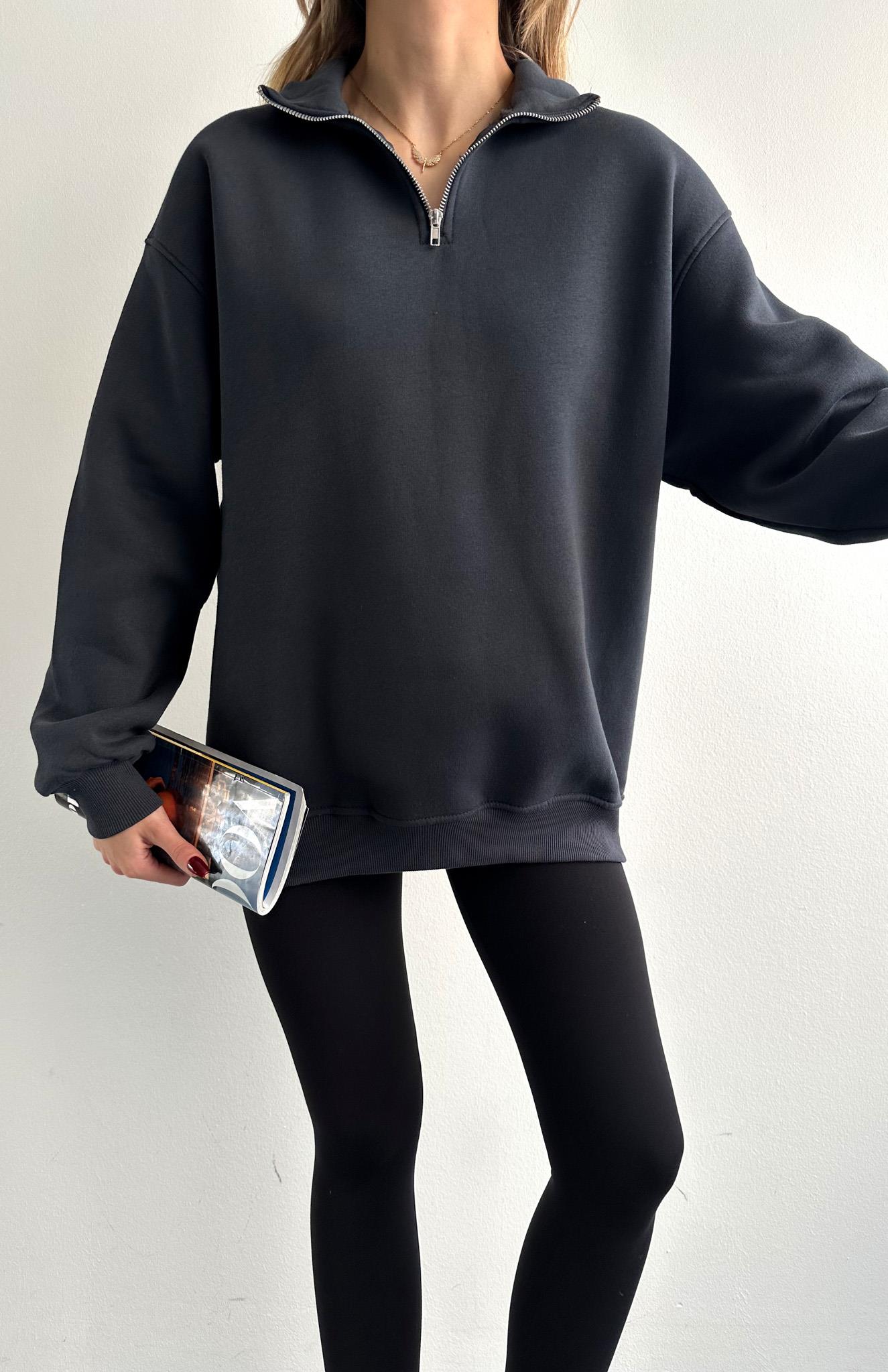 Yarım Fermuarlı Düz Sweatshırt ANTRASİT