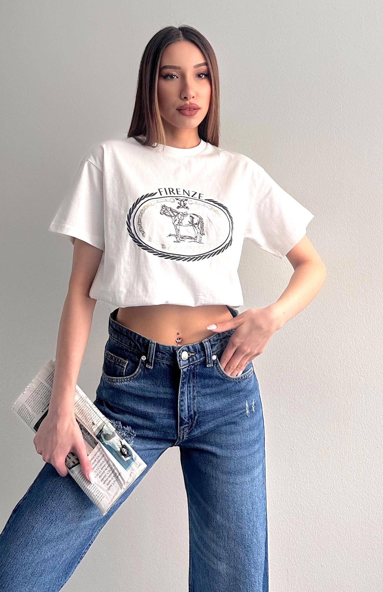 Baskı Nakiş Detaylı Tshırt EKRU