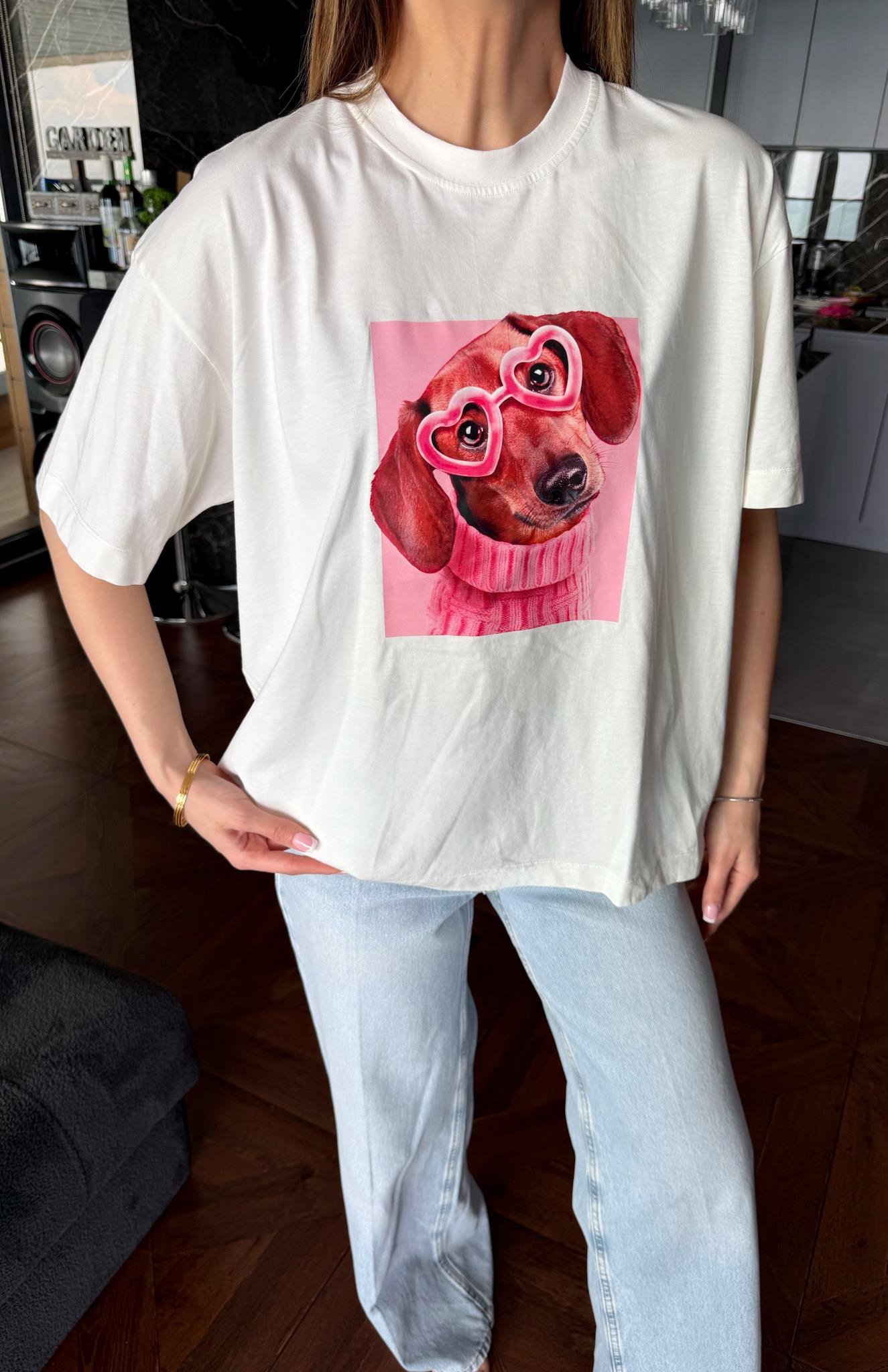 Gözlüklü Köpek Baskı AÇIK EKRU