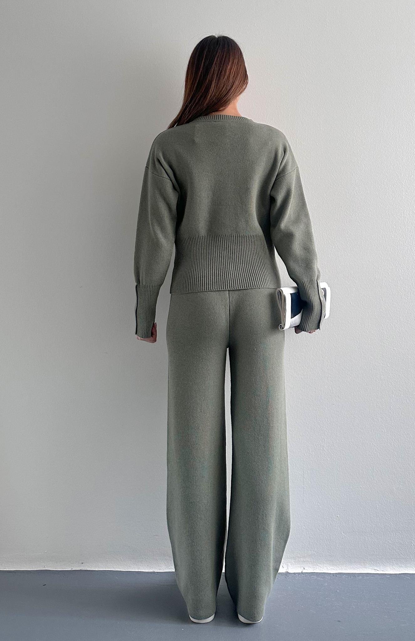 Çıtçıtlı Slim Kesim Pantolonlu Triko Takım HAKİ