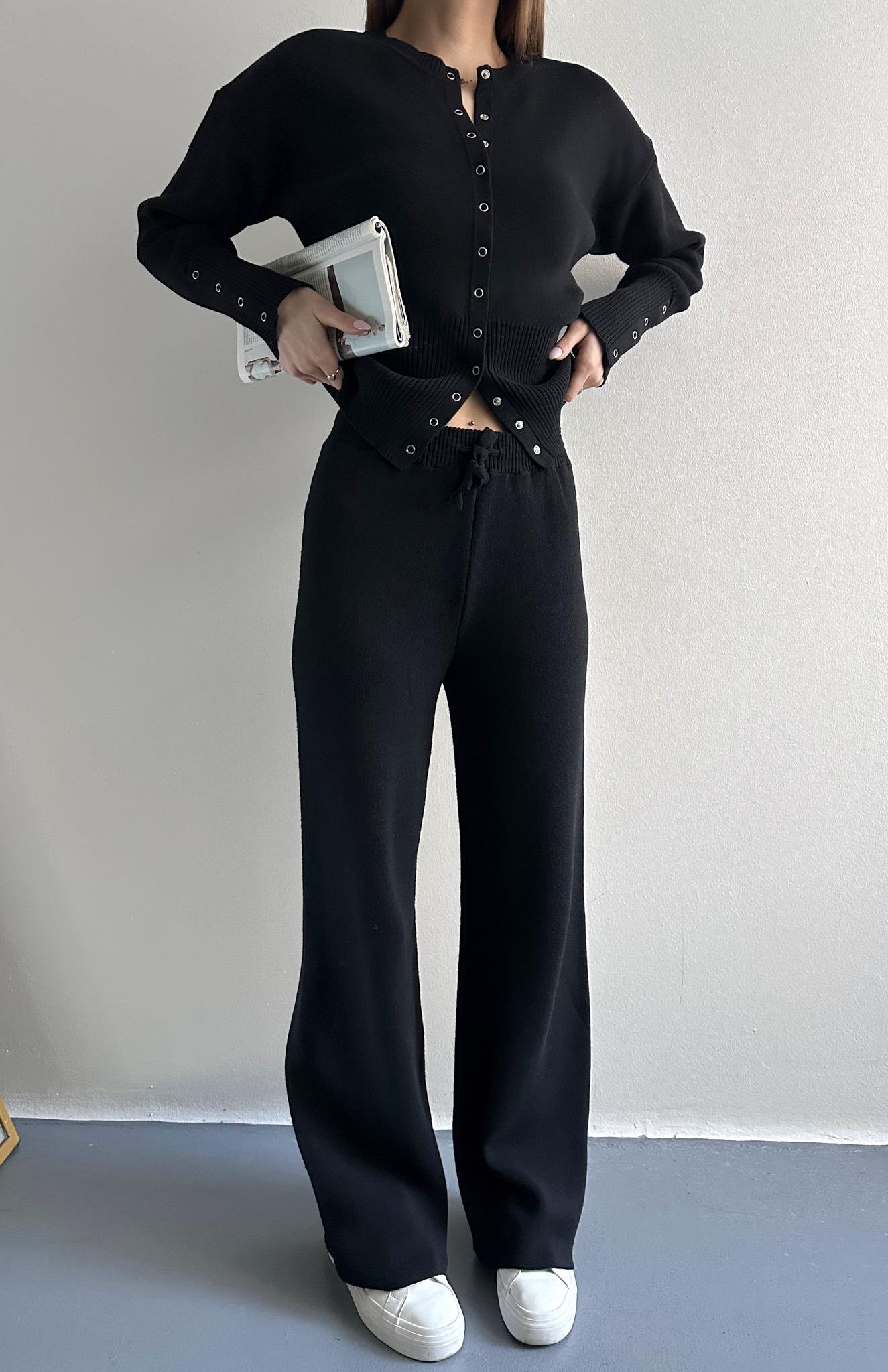 Çıtçıtlı Slim Kesim Pantolonlu Triko Takım SİYAH