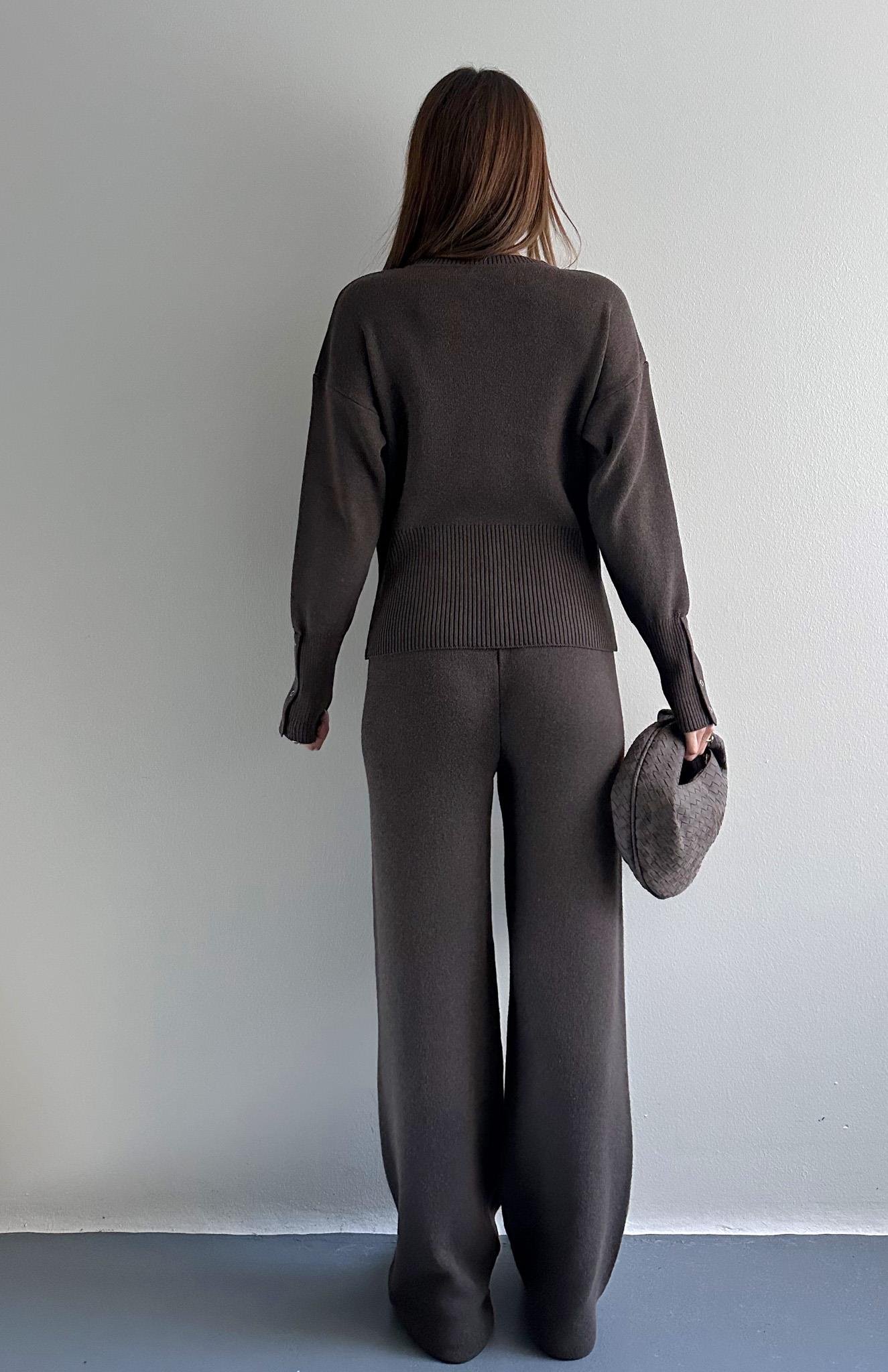 Çıtçıtlı Slim Kesim Pantolonlu Triko Takım KAHVERENGİ