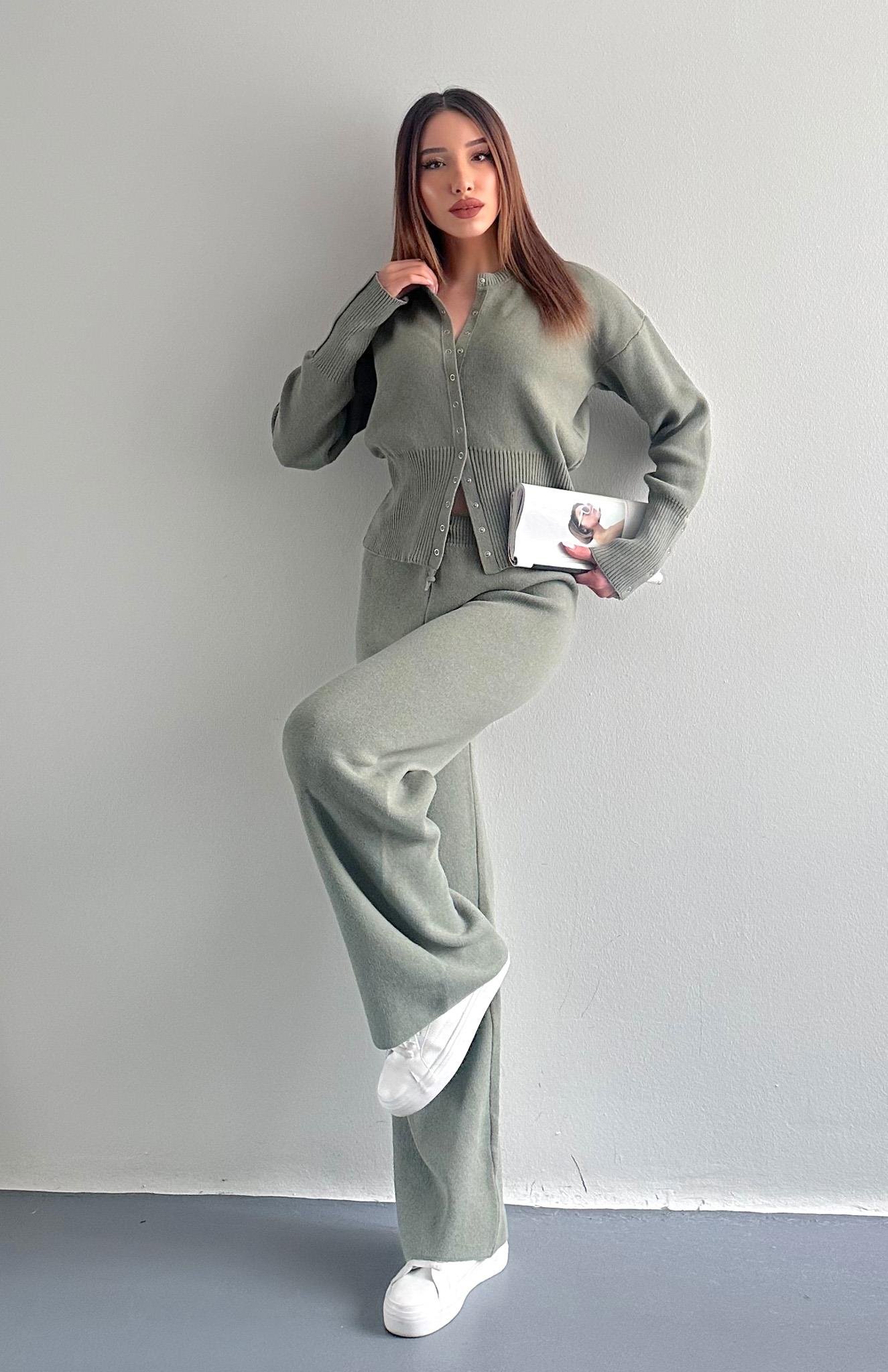 Çıtçıtlı Slim Kesim Pantolonlu Triko Takım HAKİ